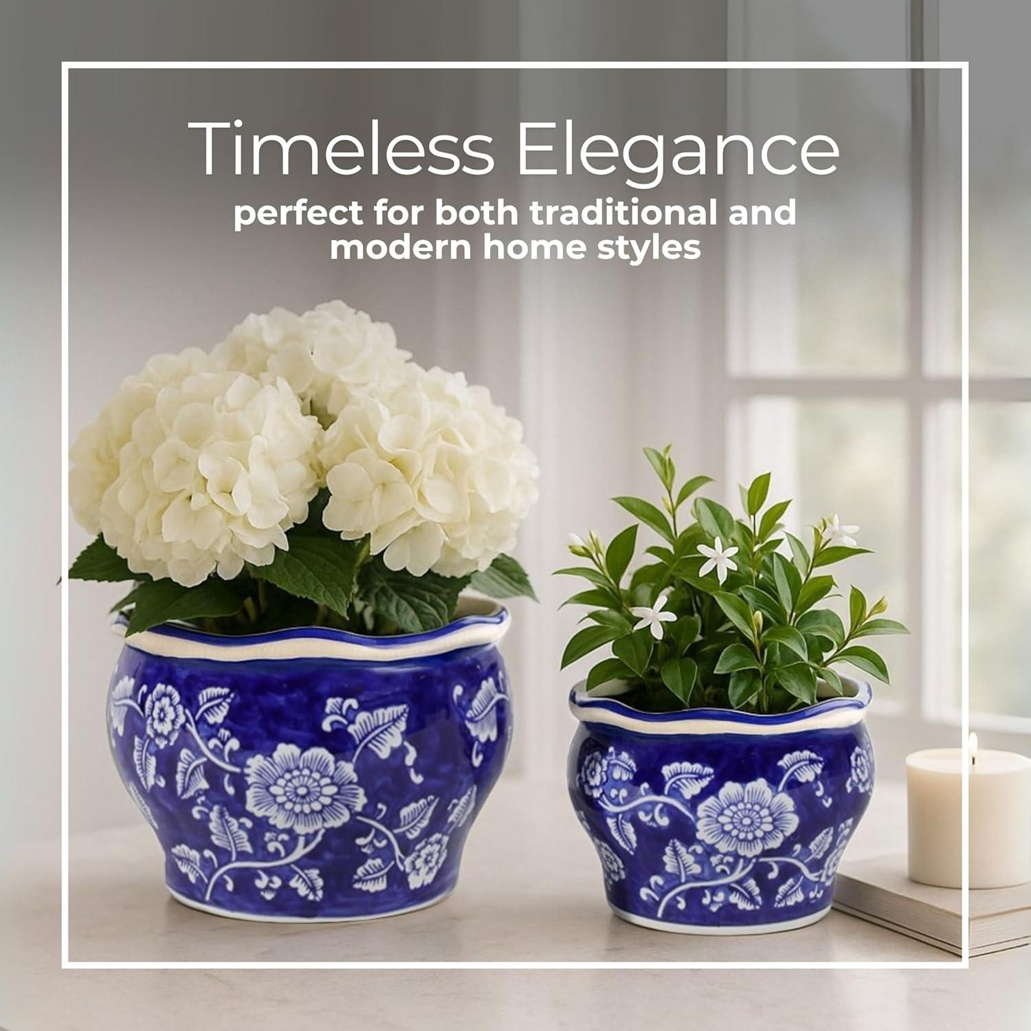 Sagebrook Home 2pc Chinoisere Ceramic Indoor Outdoor Planter Pots Blue/White: Hand-Painted, Rust-Resistant, No Assembly Required