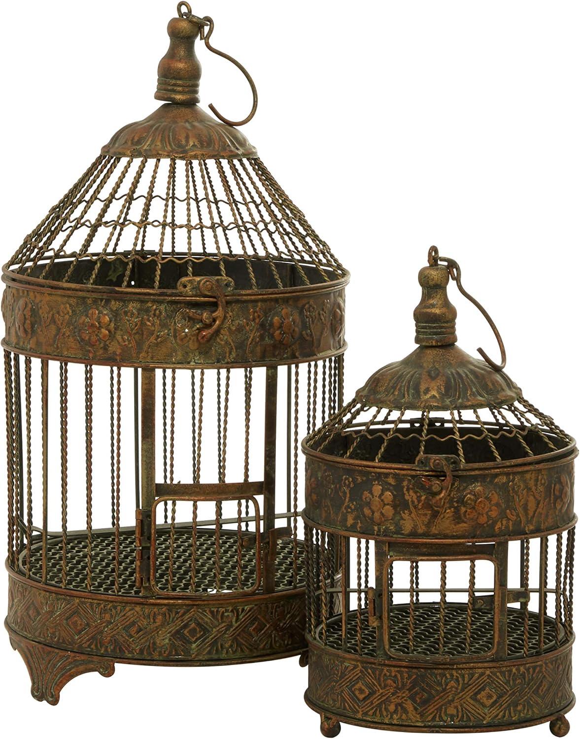 DecMode Hinged Top Bronze Metal Birdcage with Latch Lock Closure and Top Hook, Set of 2