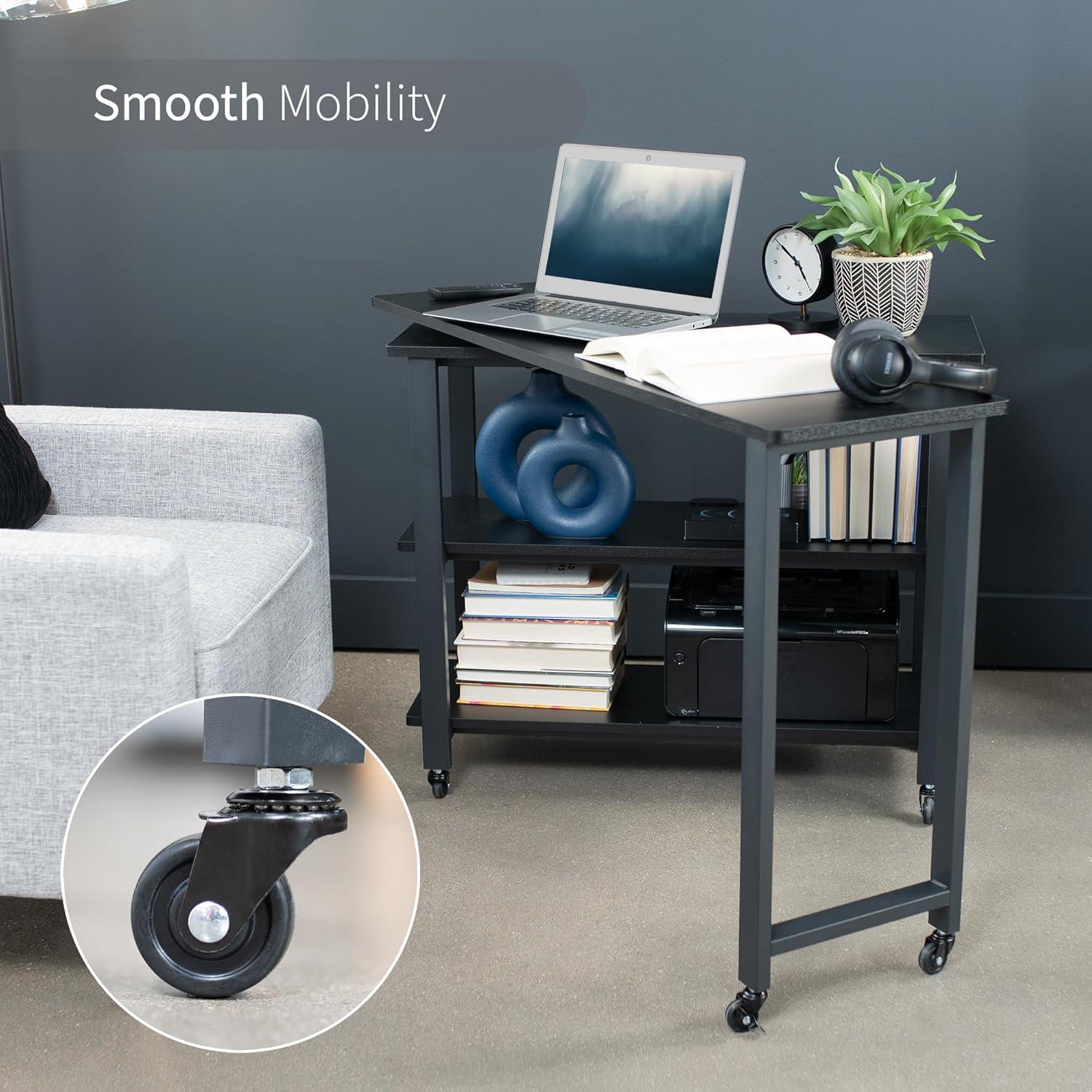 Black Glossy Particle Board Mobile Corner Writing Desk with Drawer