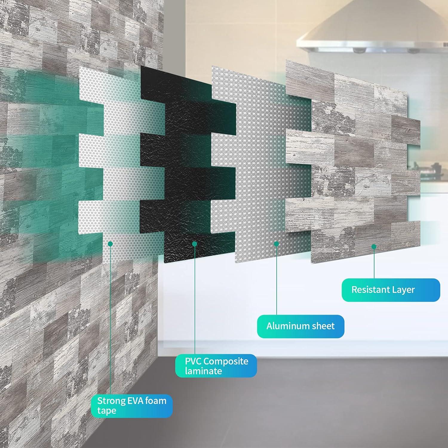 10-Pack Peel and Stick Tile Backsplash 11.3"X11.5" PVC Wall Tiles, Stick on Backsplash for Kitchen, Bathroom Tile, Fireplace Décor, Laundry Table, Stair Decals in Grey Rustic