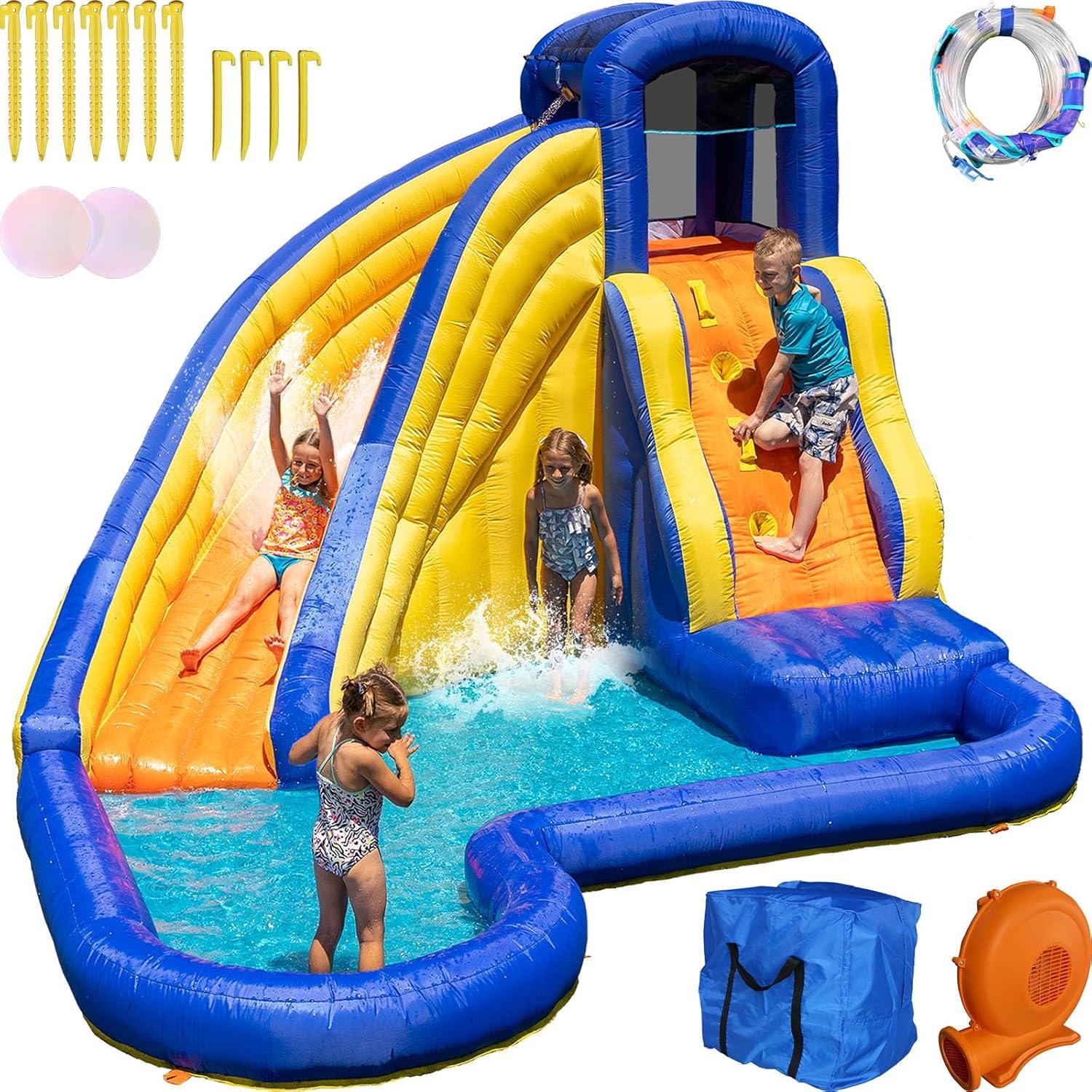Sportspower™ Big Wave II Inflatable Water Slide with Climbing Wall & Splash Pool, Ages 3-8, Heavy Duty, ASTM Certified, Lifetime Warranty on Included Blower