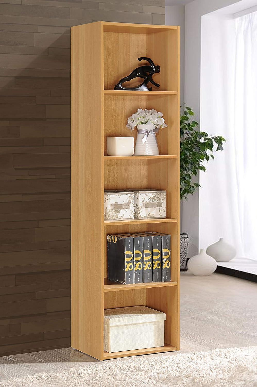 Hodedah 12 x 16 x 60 Inch 5 Shelf Bookcase and Office Organizer Solution for Living Room, Bedroom, Office, or Nursery, Beech Wood Finish