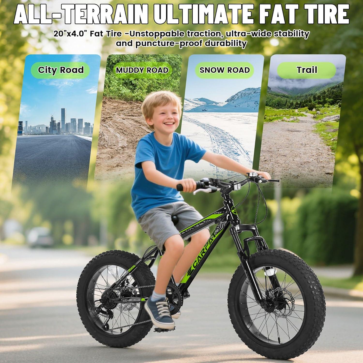 Mountain Bike 20 inch Wheels Fat Tire Bike,4" Wide Fat Tire Snow Mountain Bike ,7 Speed Teenager Children Kids' Bicycles