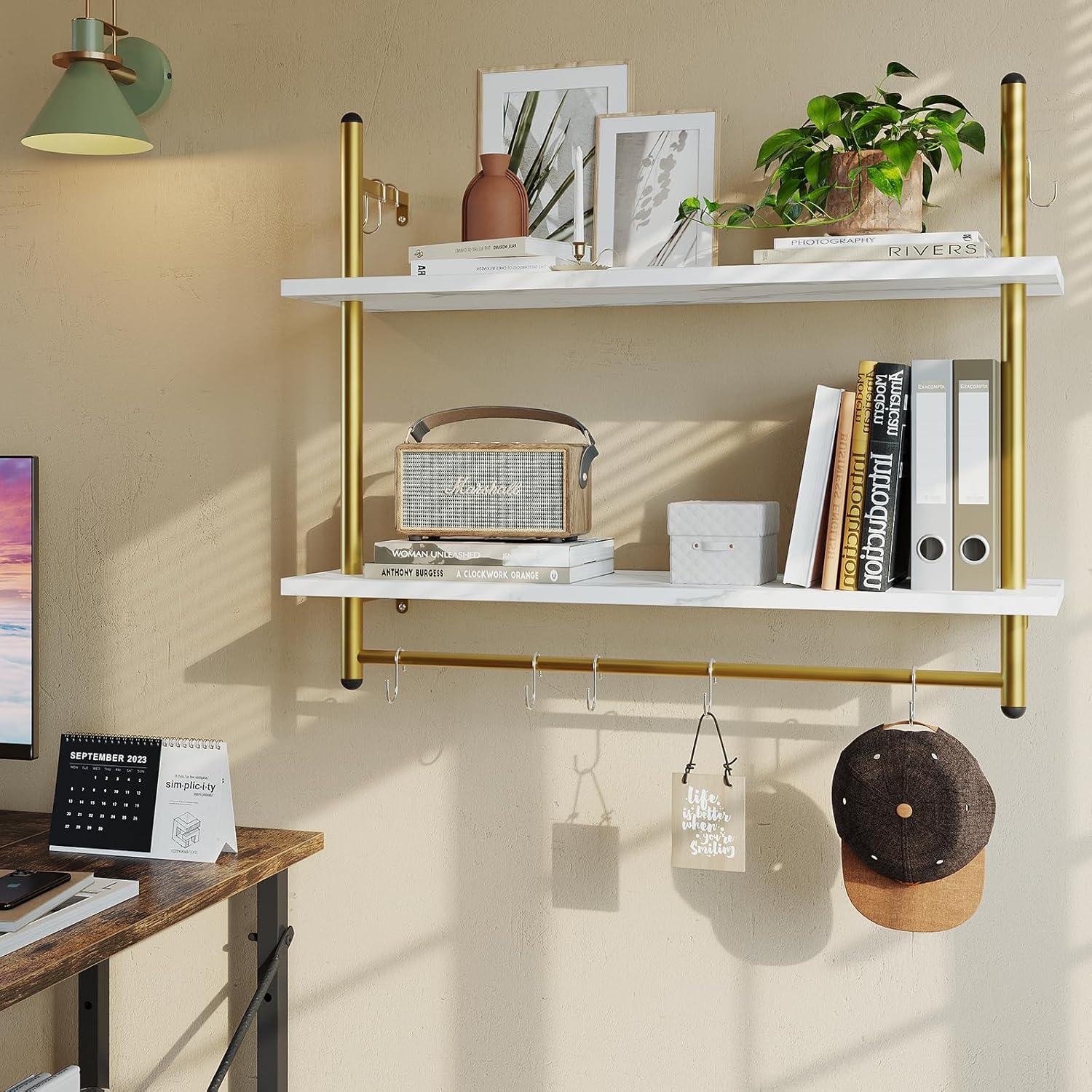 White Marble Floating Wall Shelf with Towel Bar and Hooks