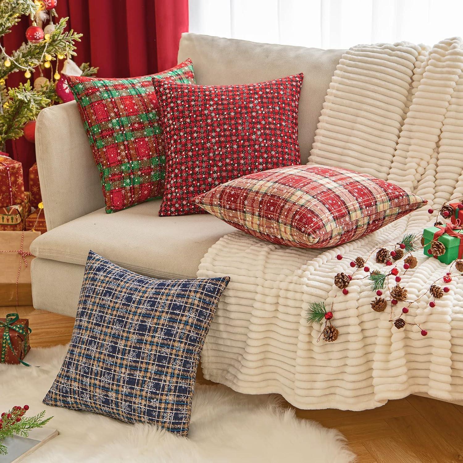 Red and Beige Tartan Plaid Snowflake 18" Polyester Euro Pillow Covers