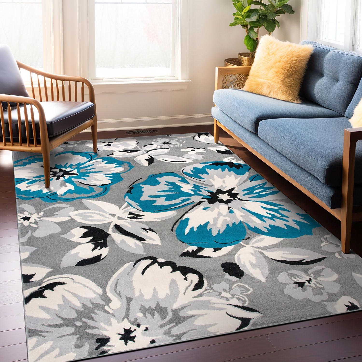 Modern Floral Blue Synthetic 6'6" x 9' Easy-Care Area Rug