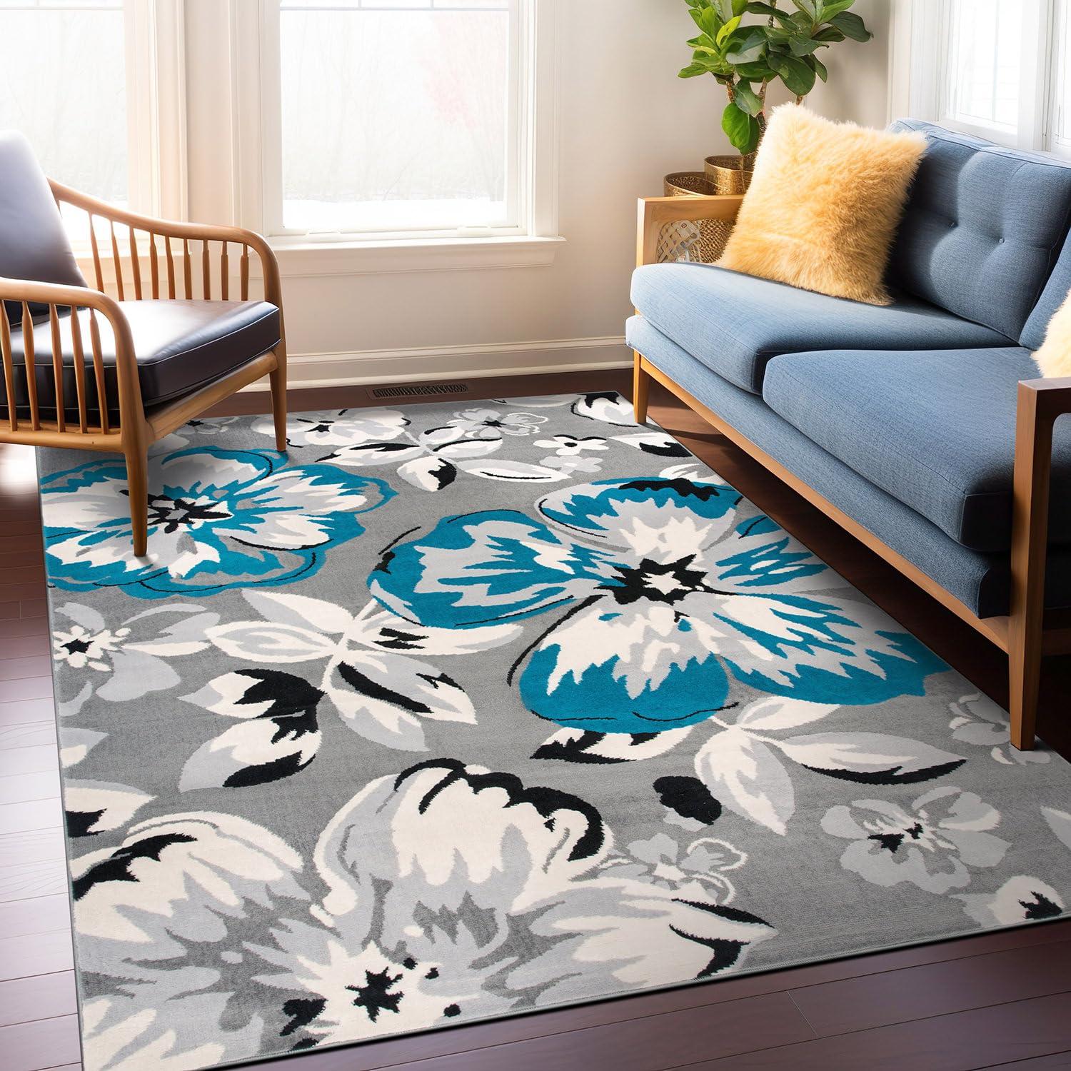 World Rug Gallery Modern Floral Design Blue 6'6" x 9' Area Rug:  Stain-Resistant,  Pet Friendly,  Low Pile,  Machine Made