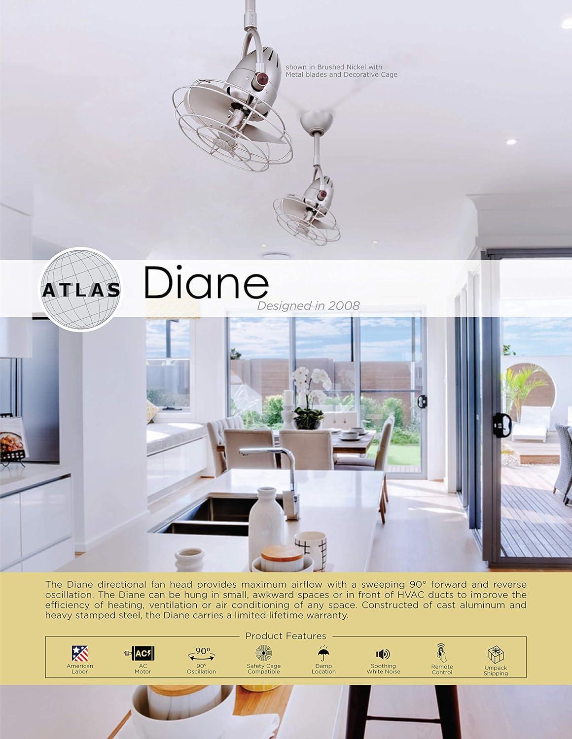 Diane oscillating ceiling fan in Polished Chrome finish with solid matte black wood blades.
