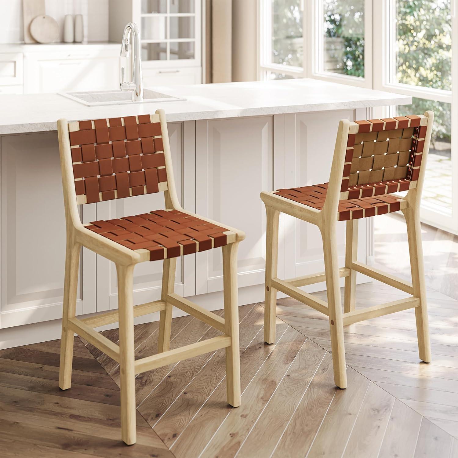 Morgan Brown Woven Faux Leather Counter Stools with Wood Frame, Set of 2