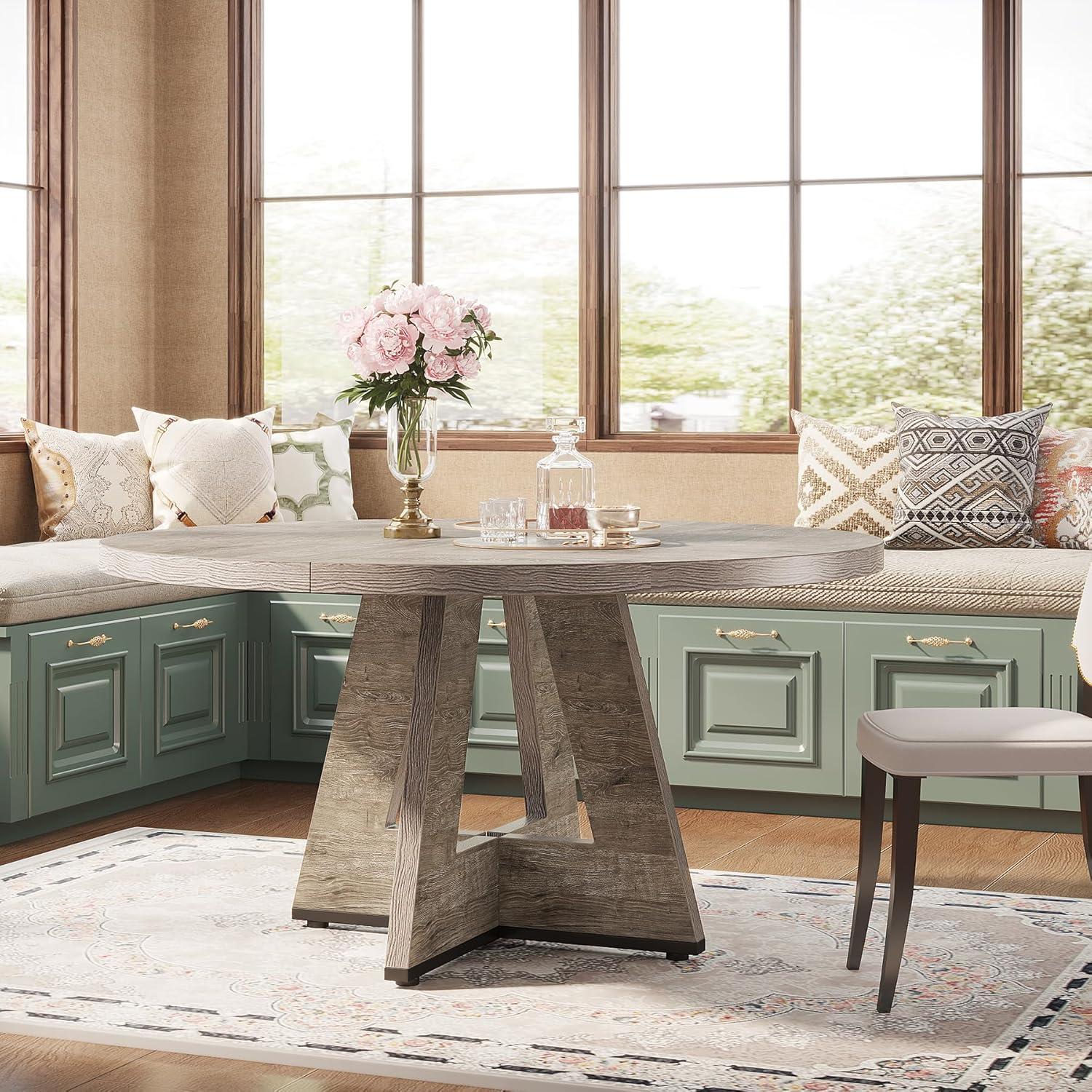 Tribesigns Round Dining Table for 4, Grey Kitchen Table 47 Inch Farmhouse Wood Kitchen Dinning Table for Kitchen Living Room