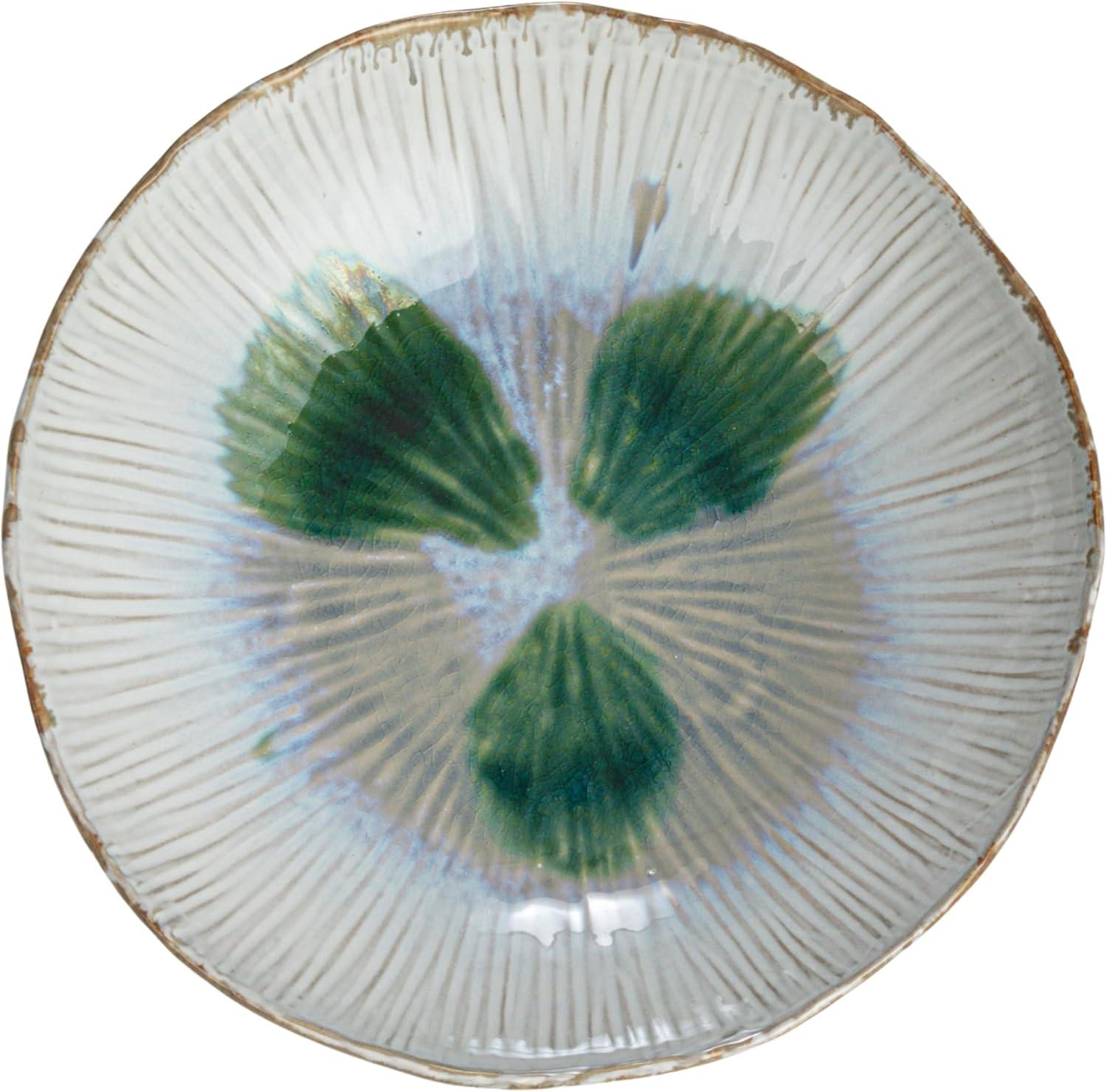 Green and White Ceramic Serving Bowl with Reactive Glaze