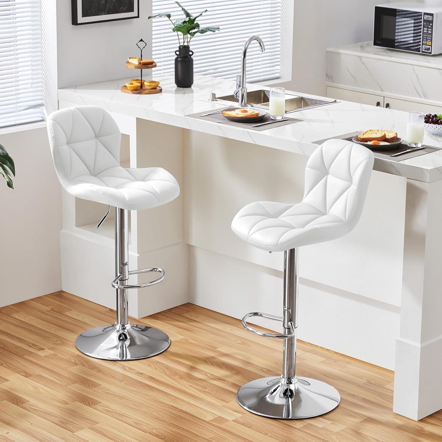 Yaheetech Barstools Set of 2, PU Leather Counter Stools Bar Chairs with Backrest, Height Adjustable Swivel Tall Chairs for Home Bar Kitchen Island, White