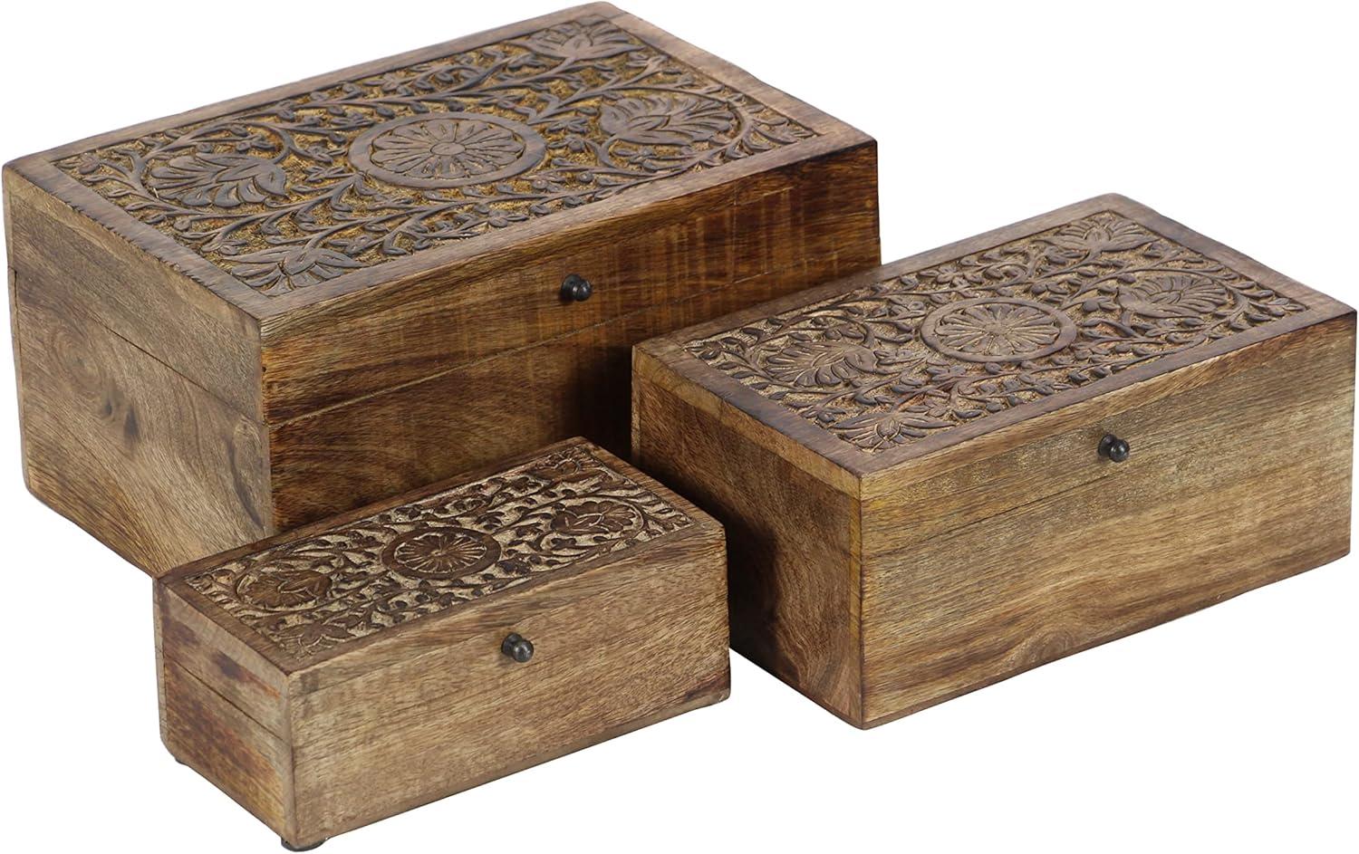 Rustic Mango Wood Floral Carved Lidded Box Set