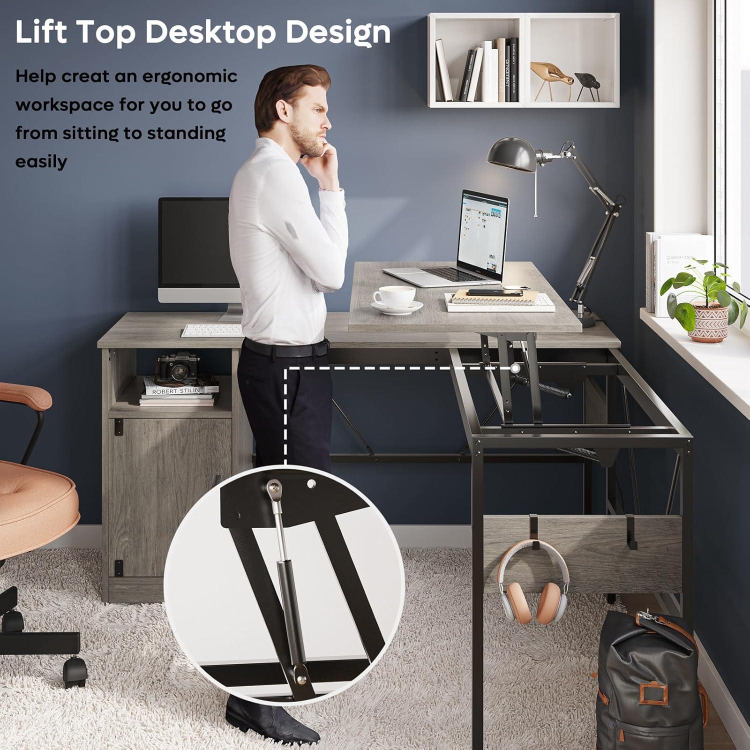 Bestier Reversible 60 inches L Shaped Computer Desk with Storage Cabinet Long Desk for 2 Person Wash Grey