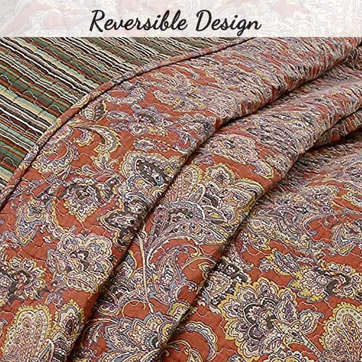 Cozy Line Home Fashions Red Orange Vintage Reversible 100% Cotton 3-Piece Quilt Bedding Set, Coverlet Bedspread (Lara Spice Paisley, Queen - 3 Piece)