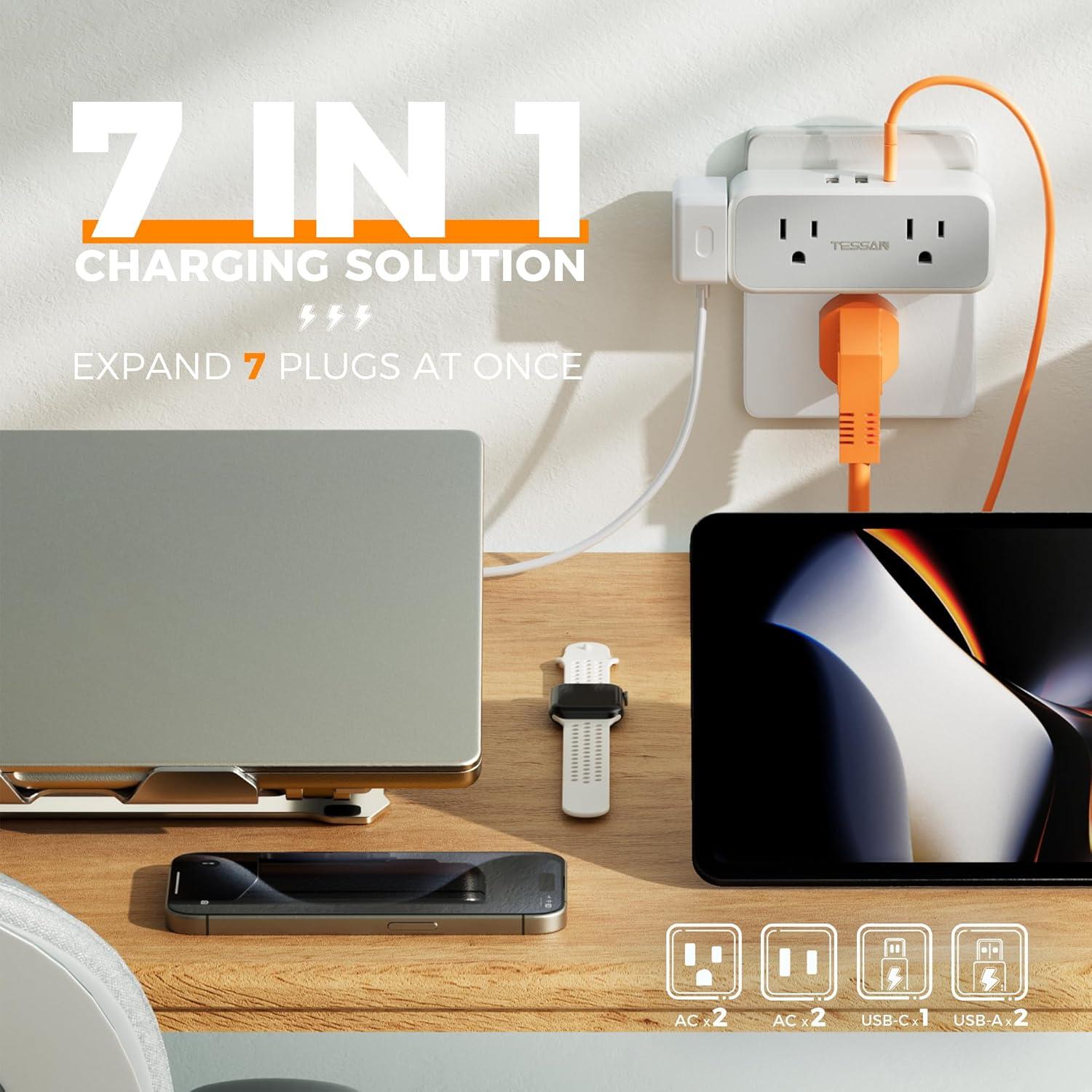 Compact White Multi Plug Wall Outlet Extender with USB Ports