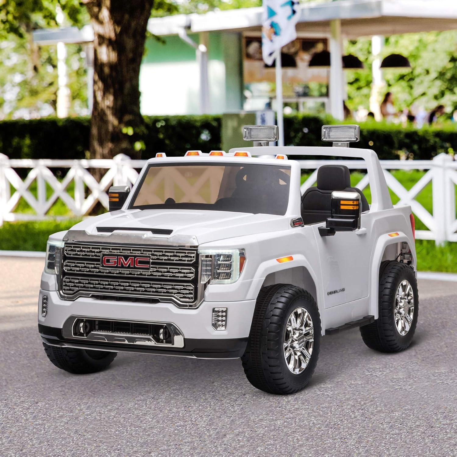 Aosom 12V GMC Sierra HD Licensed Ride on Truck, Battery Powered Electric Car for Kids w/ Remote Control, Headlights & Four Wheel Suspension, White