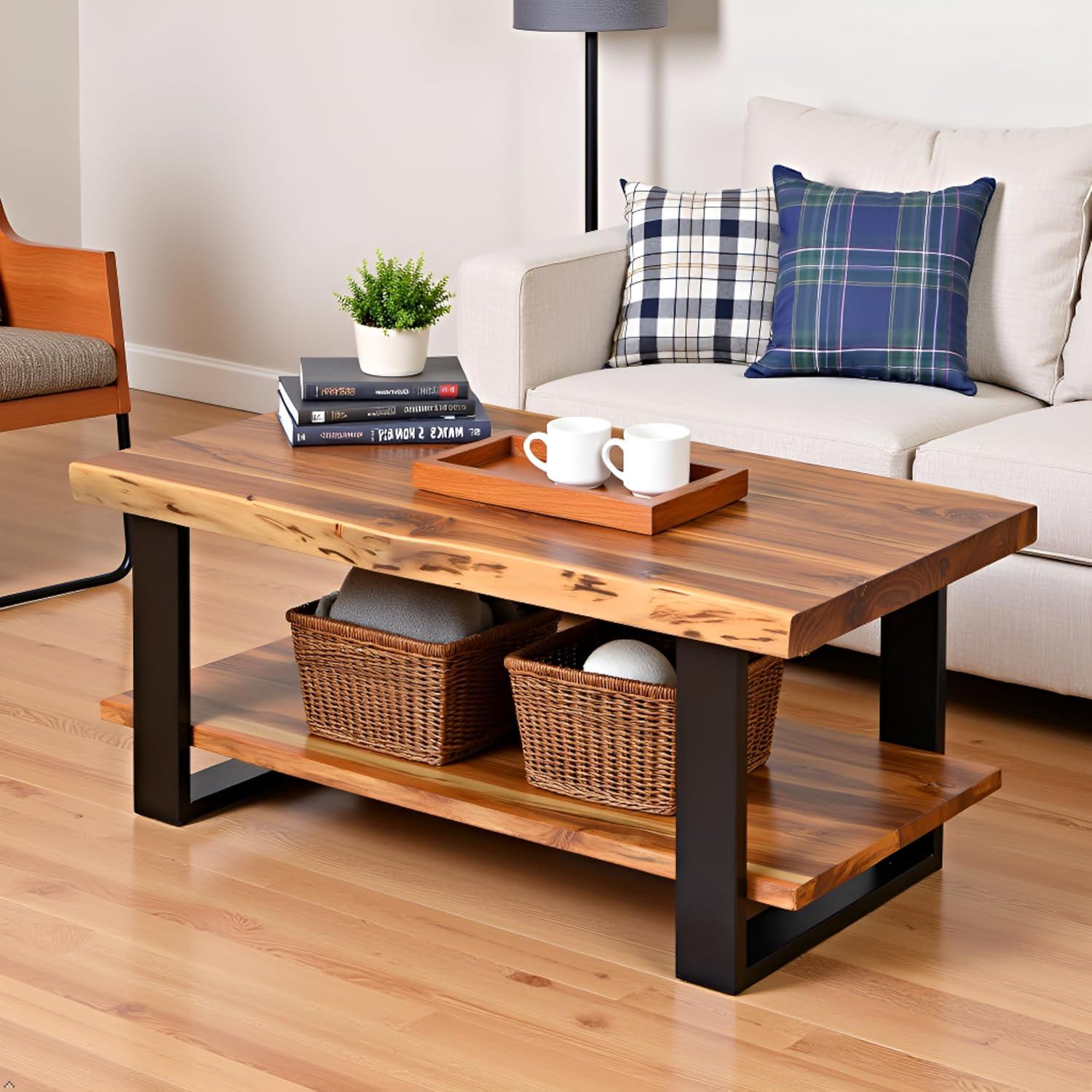 Alpine Live Edge Wood Coffee Table Natural - Alaterre Furniture: Acacia Sofa Table, Metal Legs, Rectangular