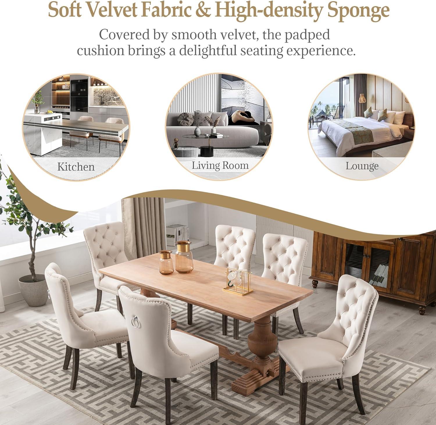 Velvet Dining Chairs Set of 4, Nikki Collection Dining Room Chairs with Wood Legs and Pull Ring, Luxury Side Chair with Nailhead Trim and Button Tufted Back, Beige