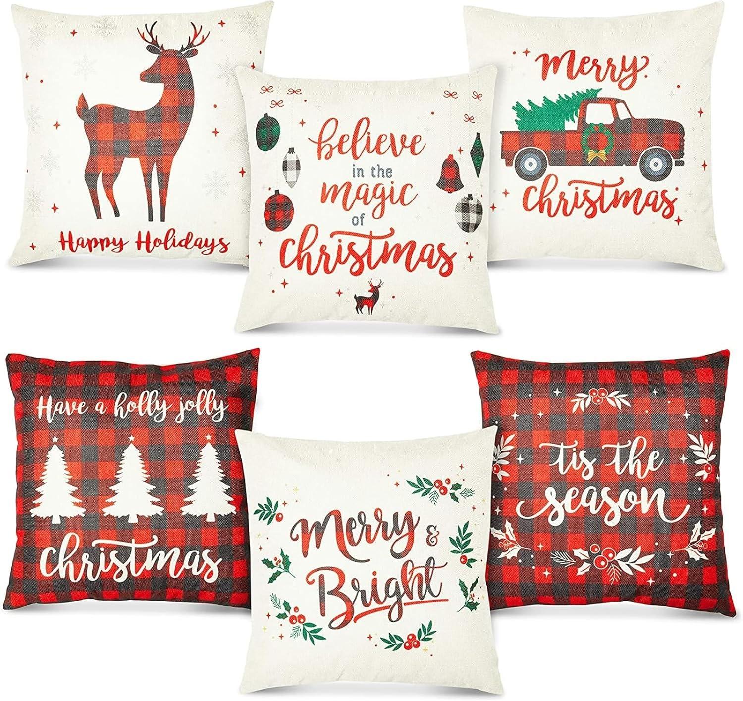 Festive Red Plaid Christmas Polyester Pillow Covers Set