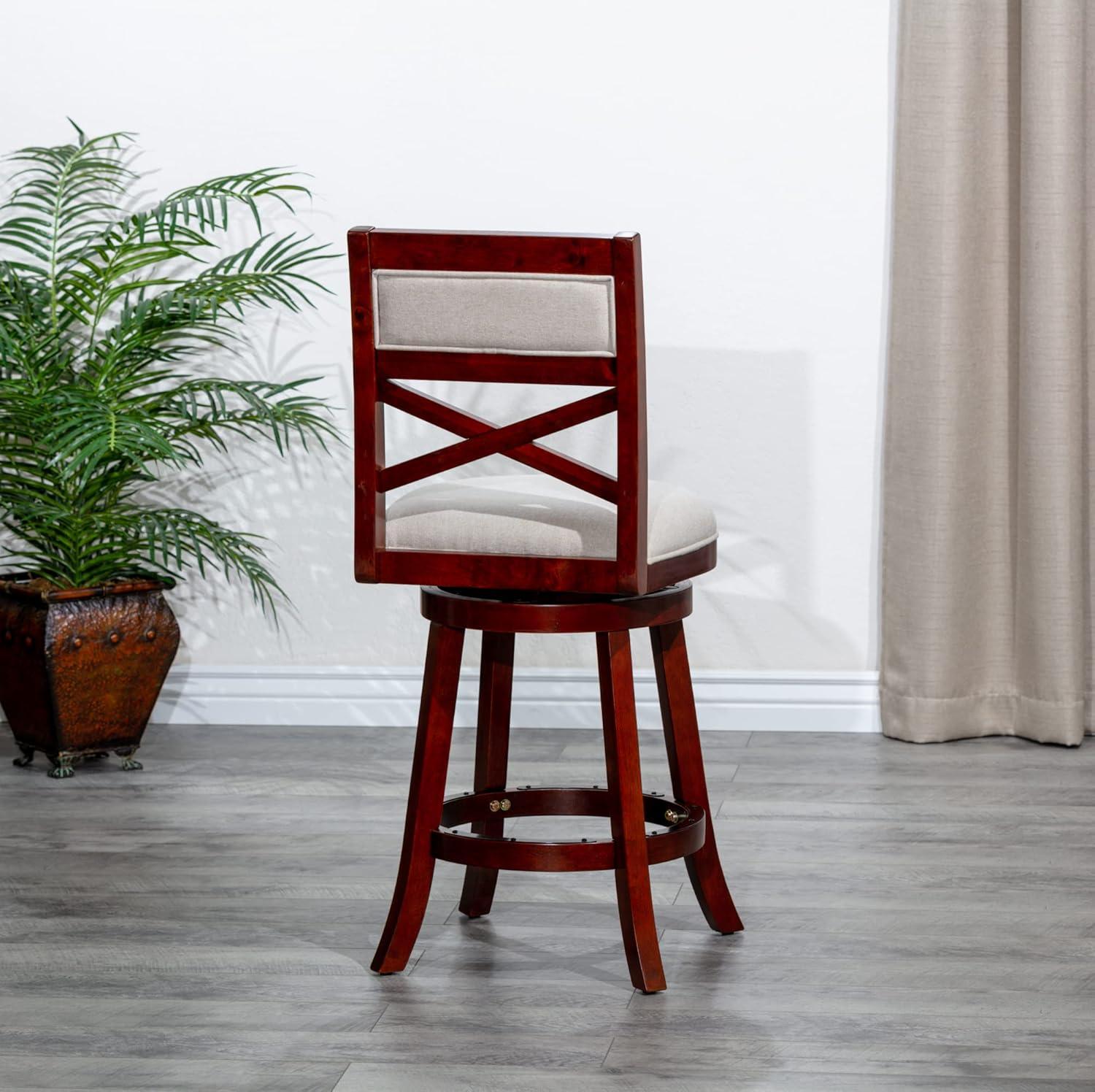 Killeryuki Indoor Living Meeker X Back Fabric Swivel Stool, 24” Counter Height, Cherry Finish, Beige Fabric Seat