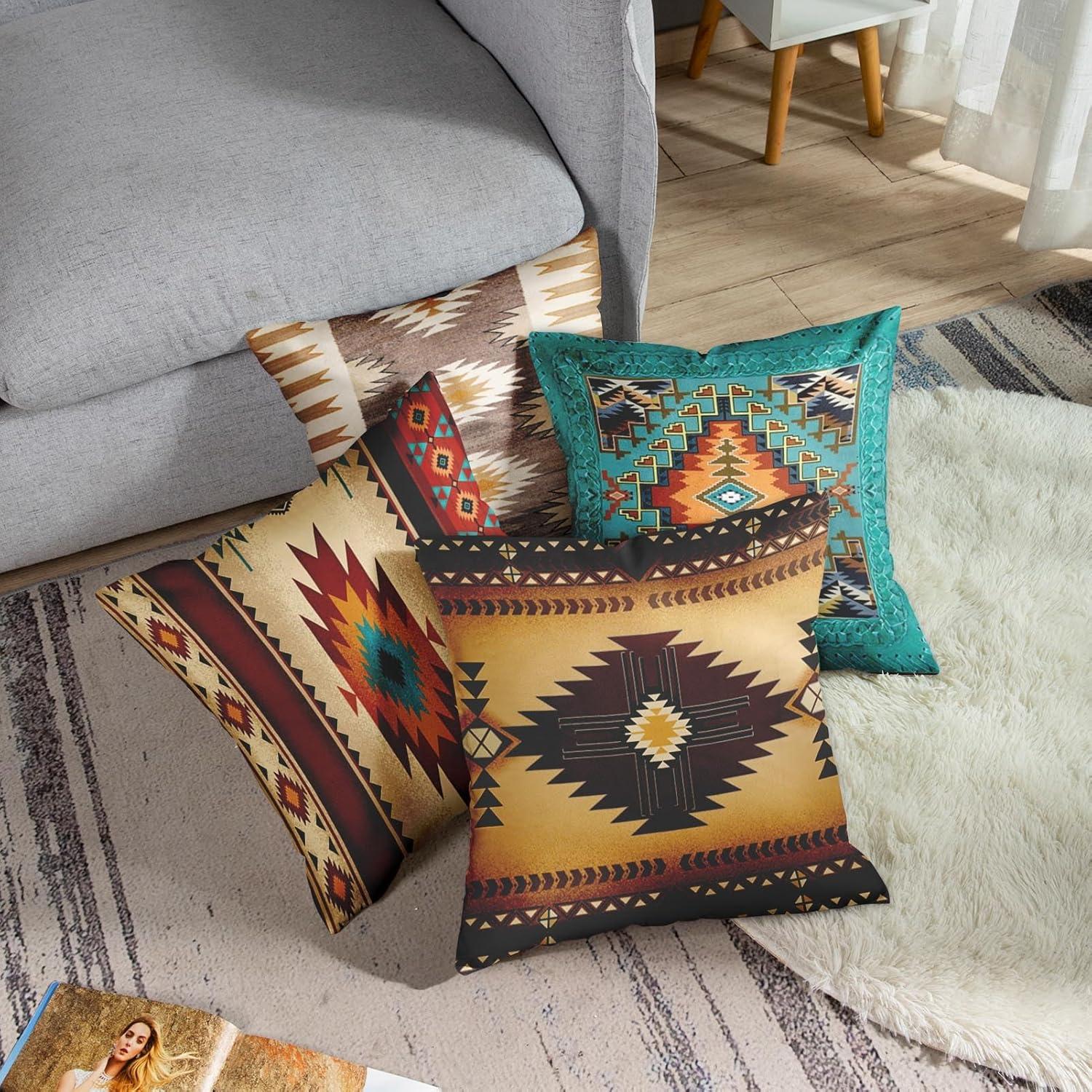 Set of 4 Throw Pillow Covers Tribal Western Geometric Colorful Nature Color Patterns Turquoise Orange Decorative Pillow Cases Home Decor Square 20x20 Inches Pillowcases