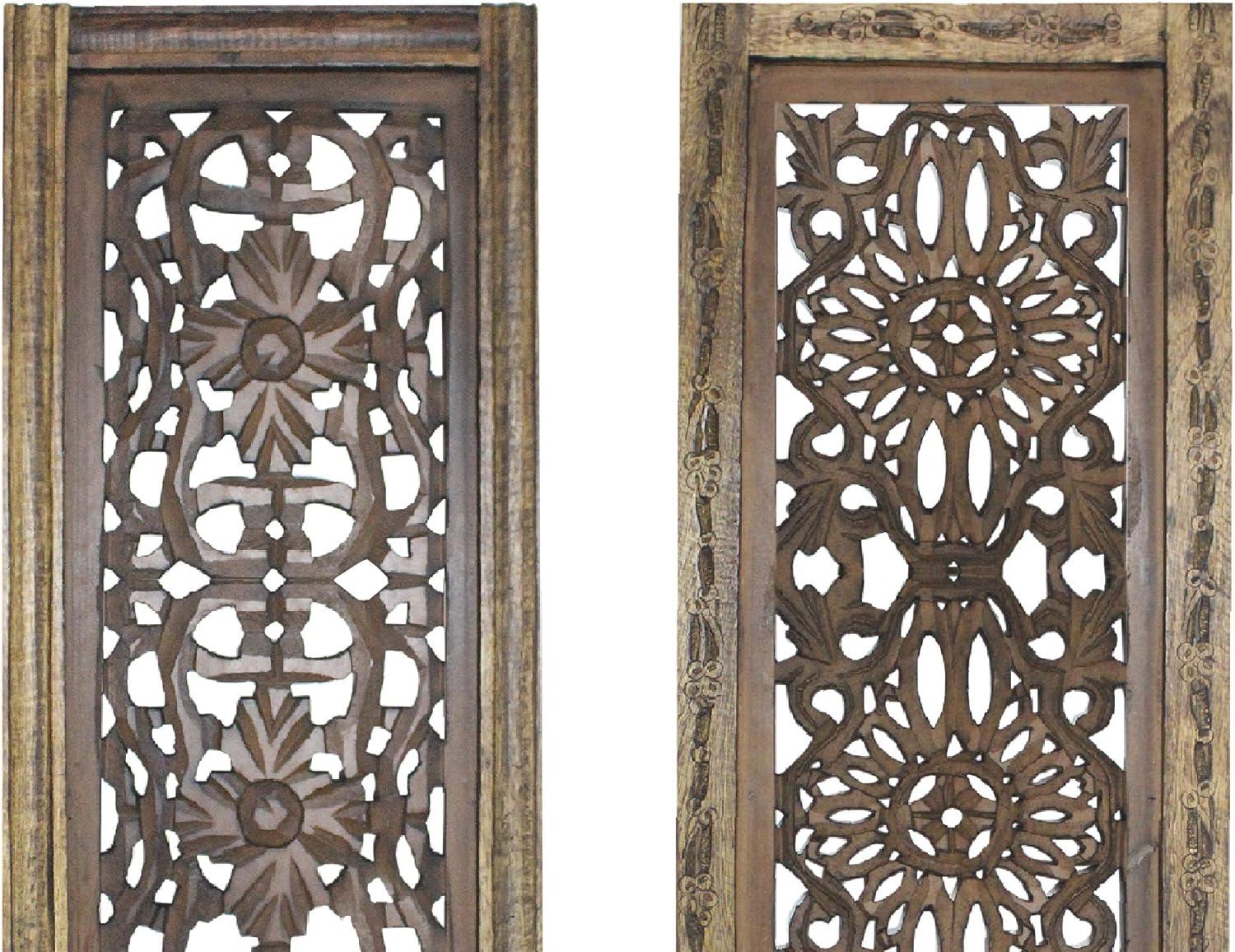 Rustic Brown Hand Carved Wooden Wall Panels, Set of Two