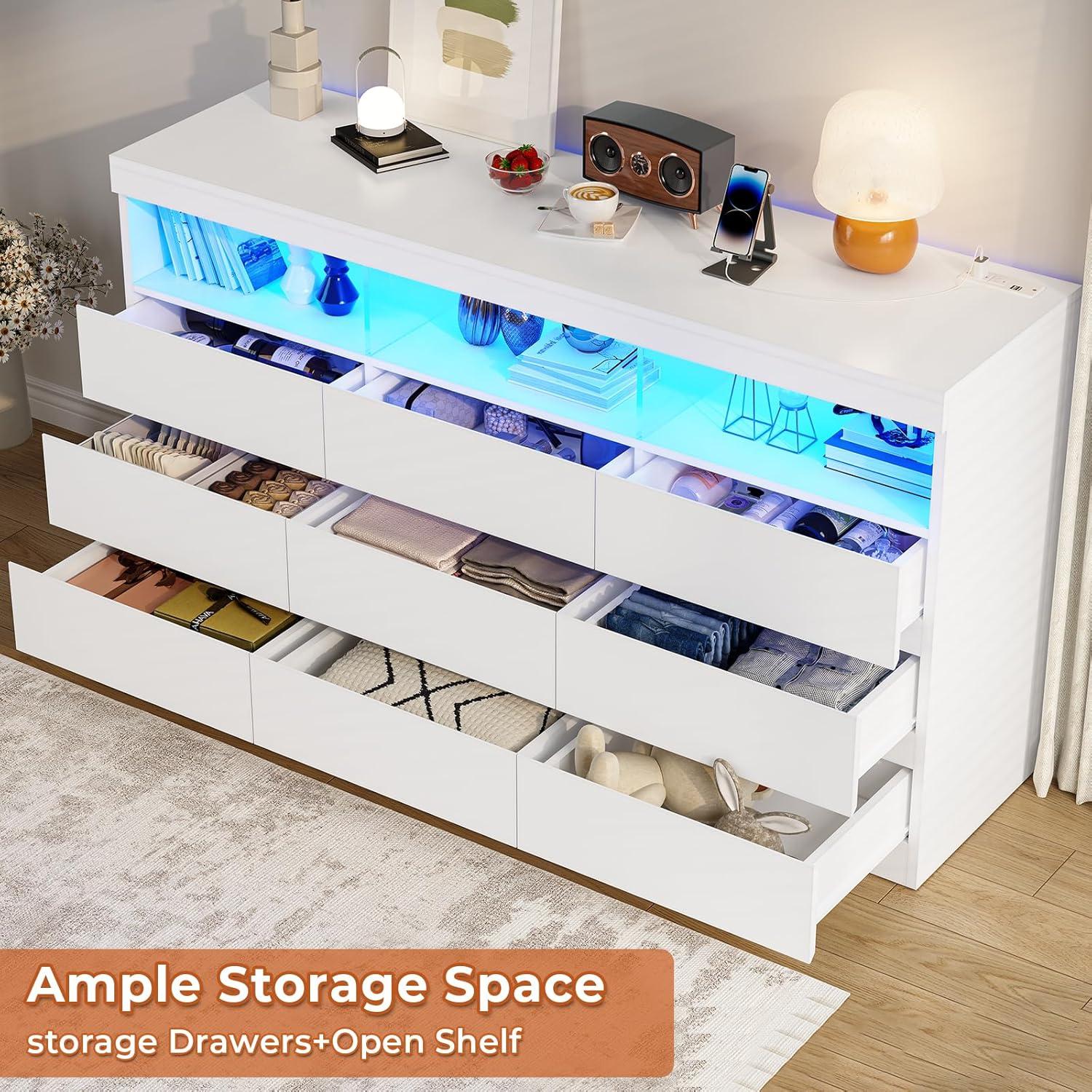 Modern White Double Dresser with LED Lights and Charging Station