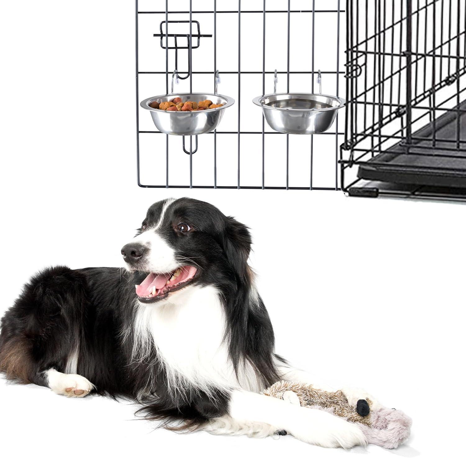 Set of 2 Stainless-Steel Dog Bowls - Cage, Kennel, and Crate Hanging Pet Bowls for Food and Water - 20oz Each and Dishwasher Safe by PETMAKER