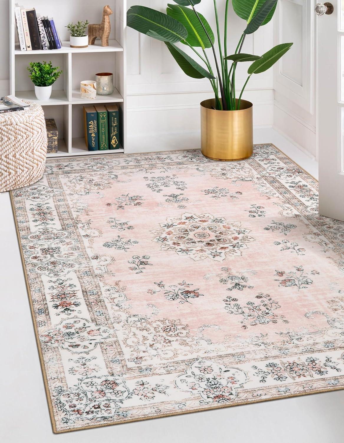 Hasoo Area Rug 5' x 7' Washable Modern Floral Rugs for Living Room Non-Slip Accent Carpet Pink