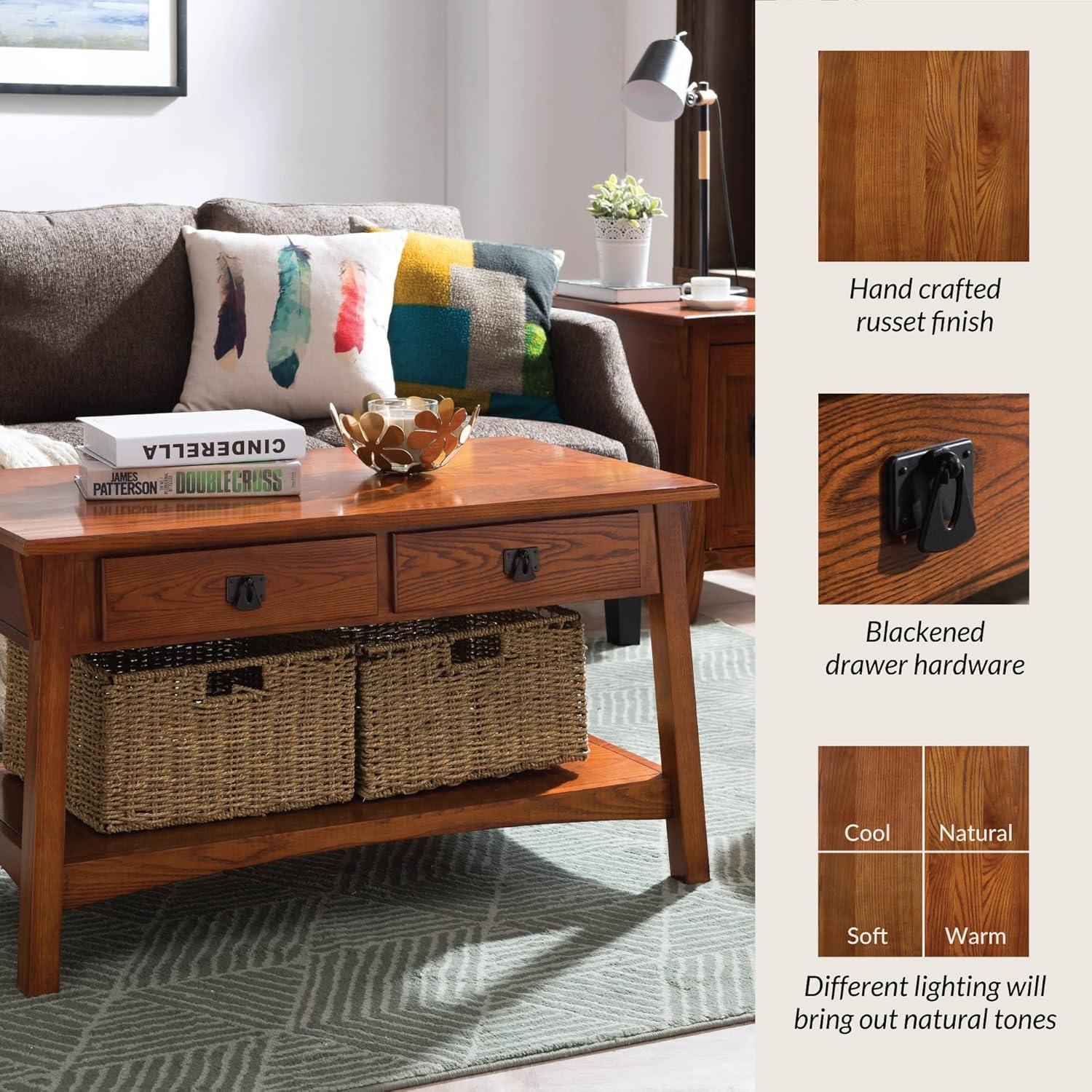 Leick Home 10055-RS Mission Coffee Table for Living Room, Two Drawers and Shelf, Made with Solid Wood, Russet Finish