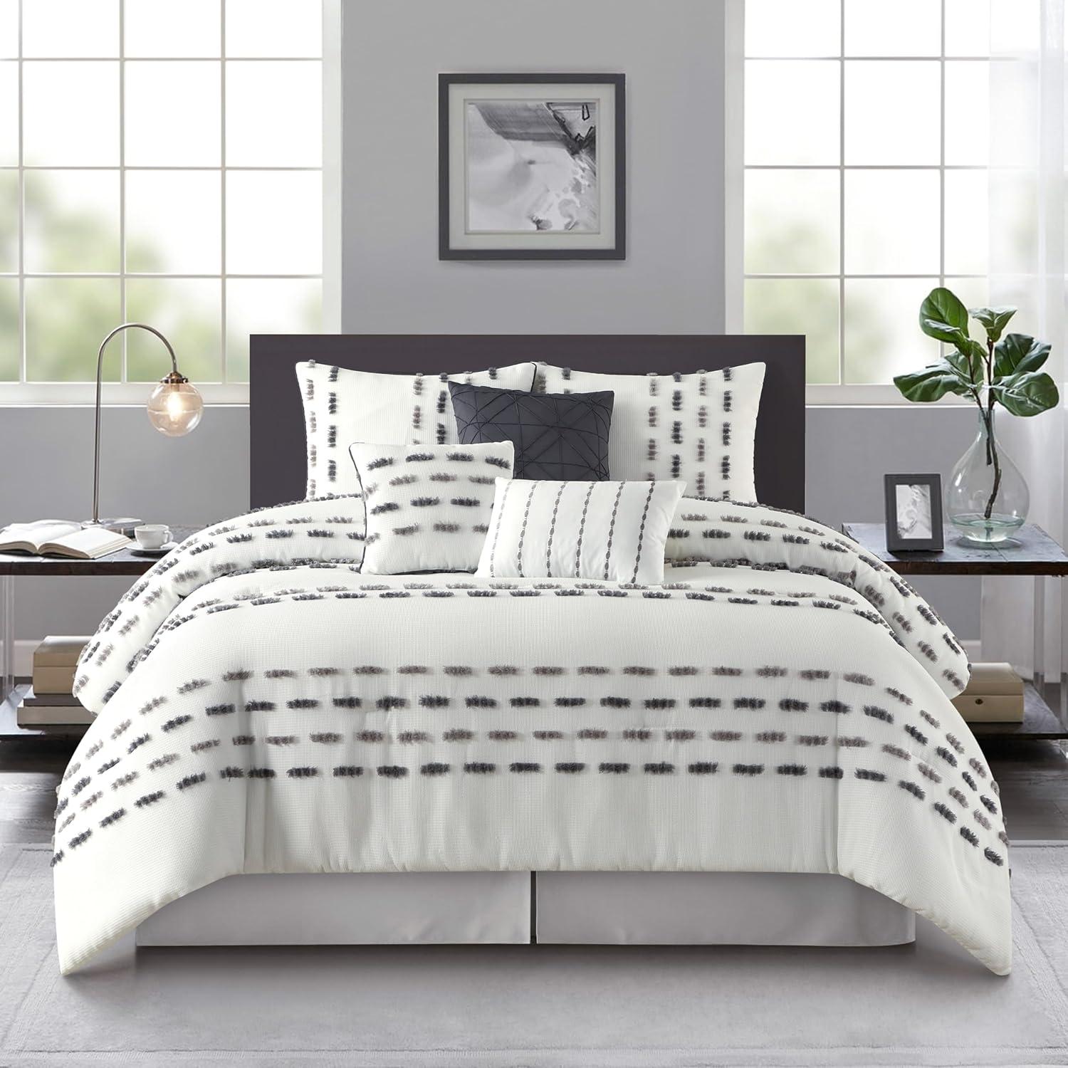 Crocus White and Gray Polyester 7-Piece King Comforter Set