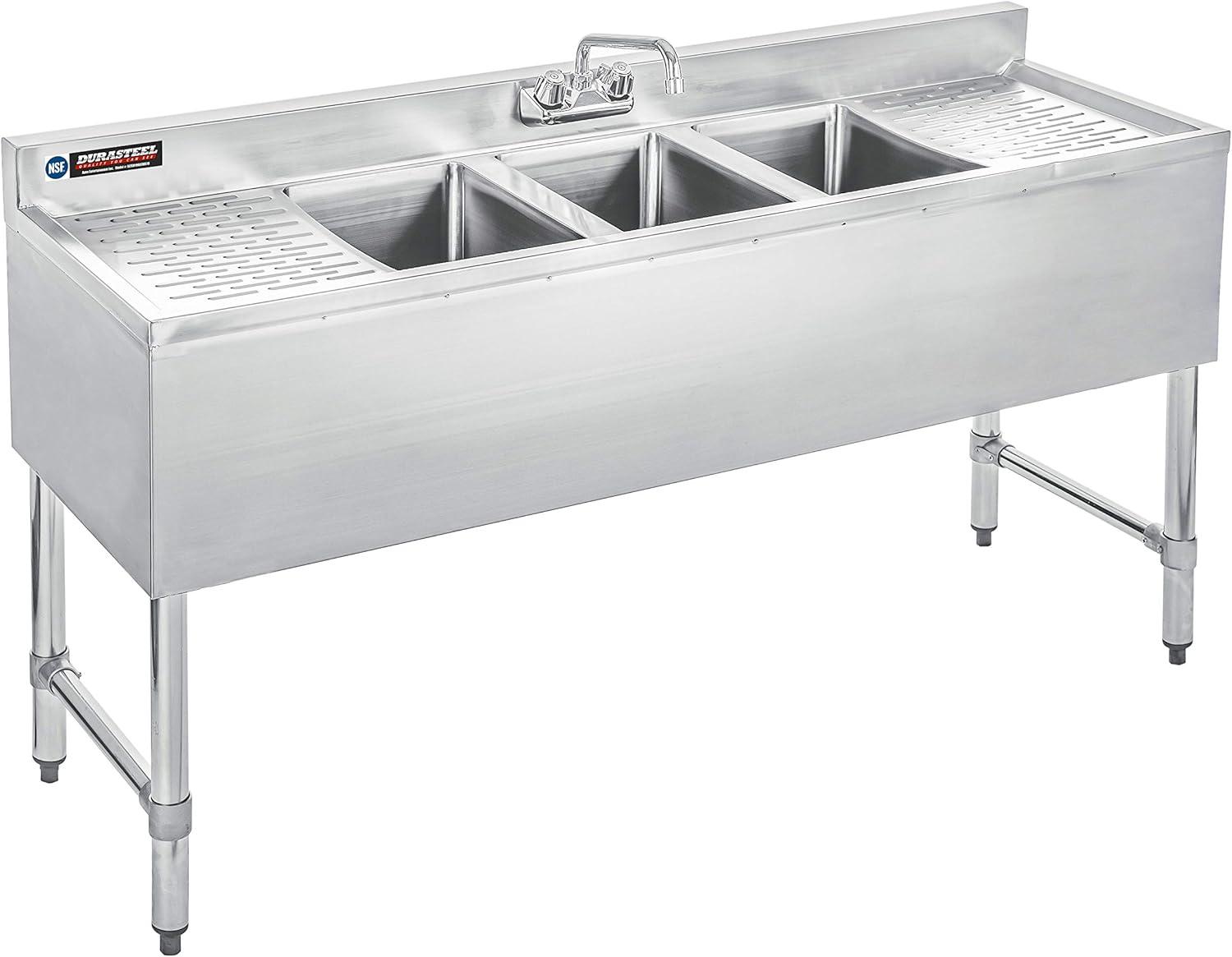 Stainless Steel Triple Basin Commercial Sink with Double Drainboards