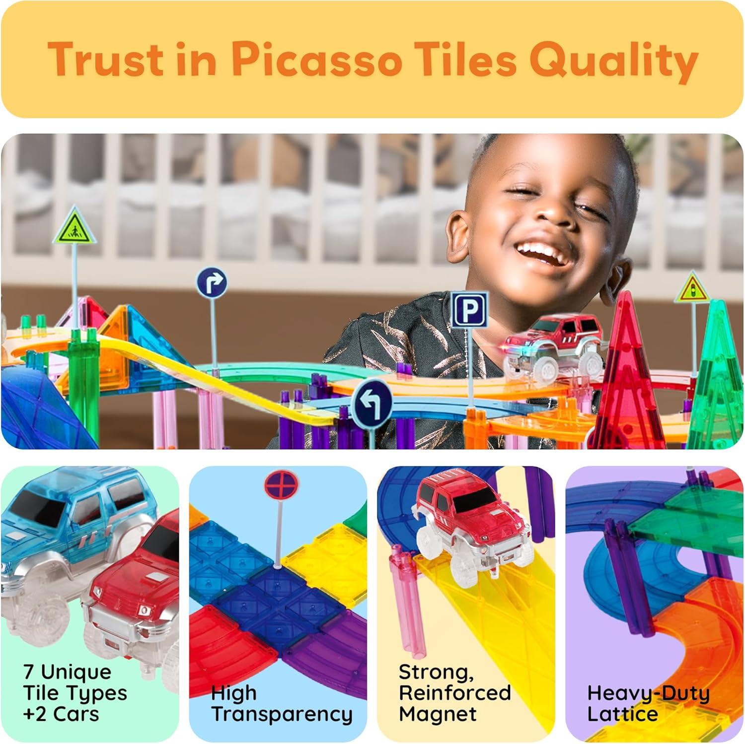 PICASSO-TILES Race Track Magnetic Tiles for Kids, 128PCS with 3 Racing Cars, Construction STEM Building Blocks Educational Toy
