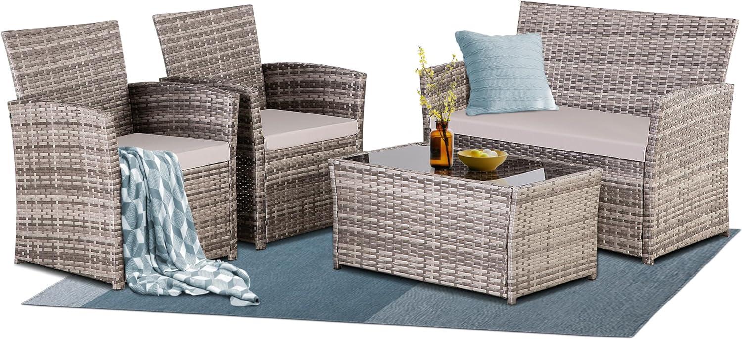 4 Piece Patio Furniture Set,Outdoor Wicker Conversation Sets,Rattan Sectional Sofa w/Coffee Table,Seat Cushions for Backyard Porch Garden Poolside (Gray/Gray)
