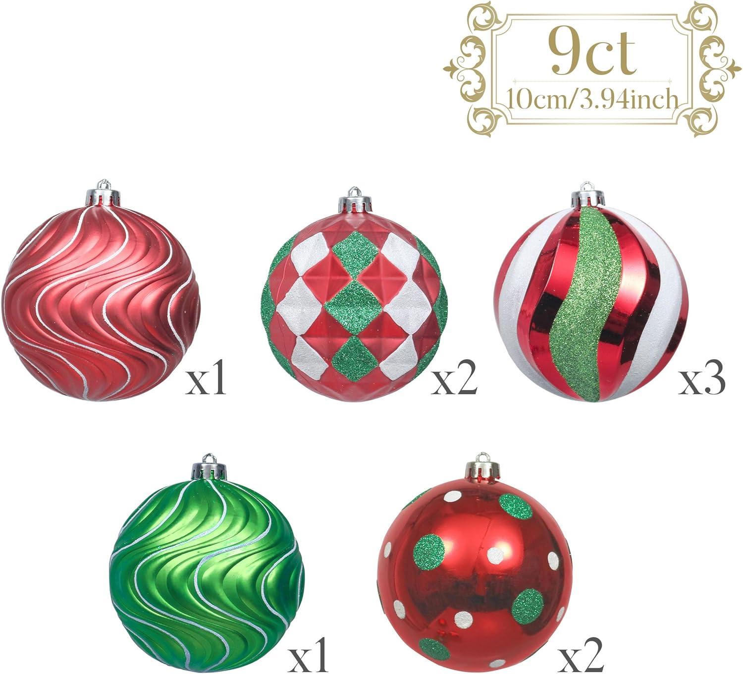 Christmas Tree Ornaments Set, 9Ct Red Green White Shatterproof Christmas Tree Decorations Bulk, 3.94 Inch Whimsical Large Hanging Ball Ornaments For Xmas Trees Holiday Party Decor