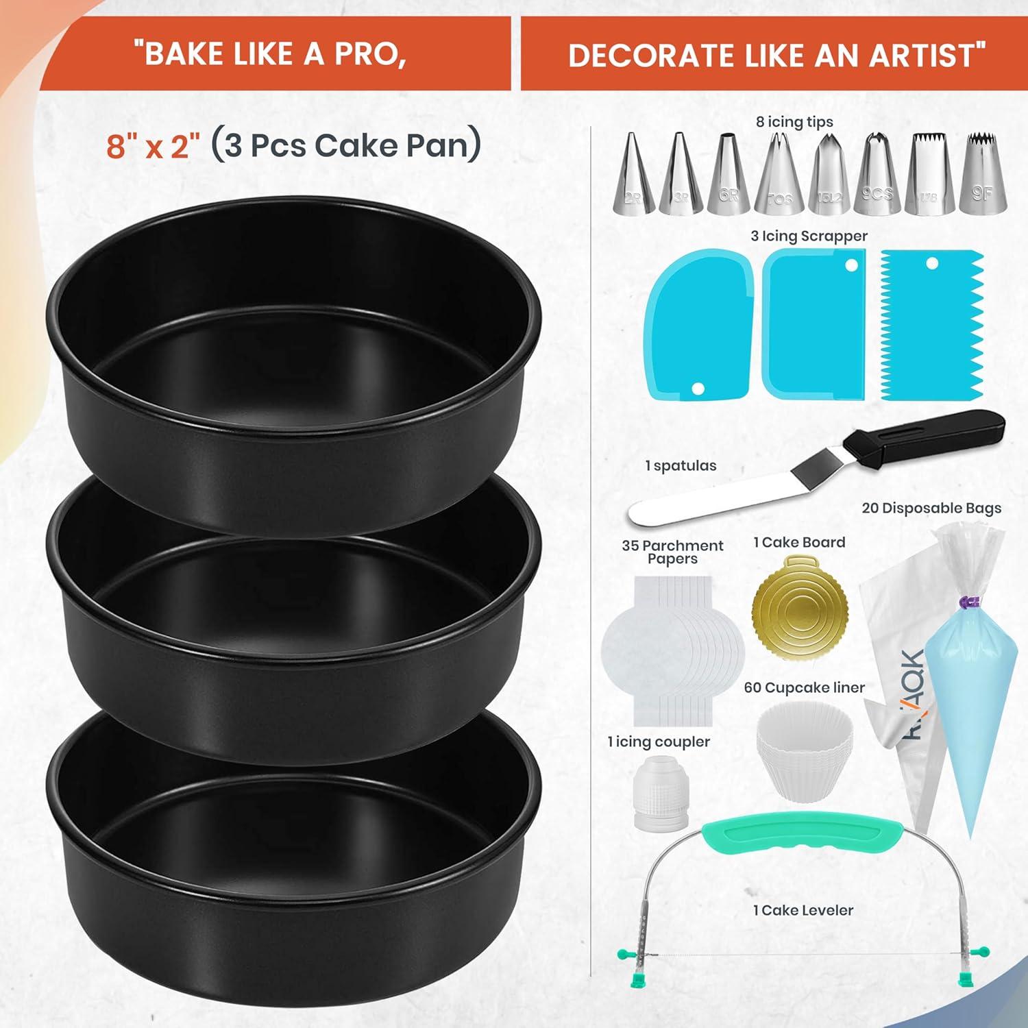 RFAQK 133PCs Round Cake Pans Sets for Baking + Cake Decorating Supplies - 3 Non-Stick 8 Inch Cake Pan with Baking Supplies, Piping Tips, Cake Leveler, Icing Spatula and 35 Parchment Papers with eBook