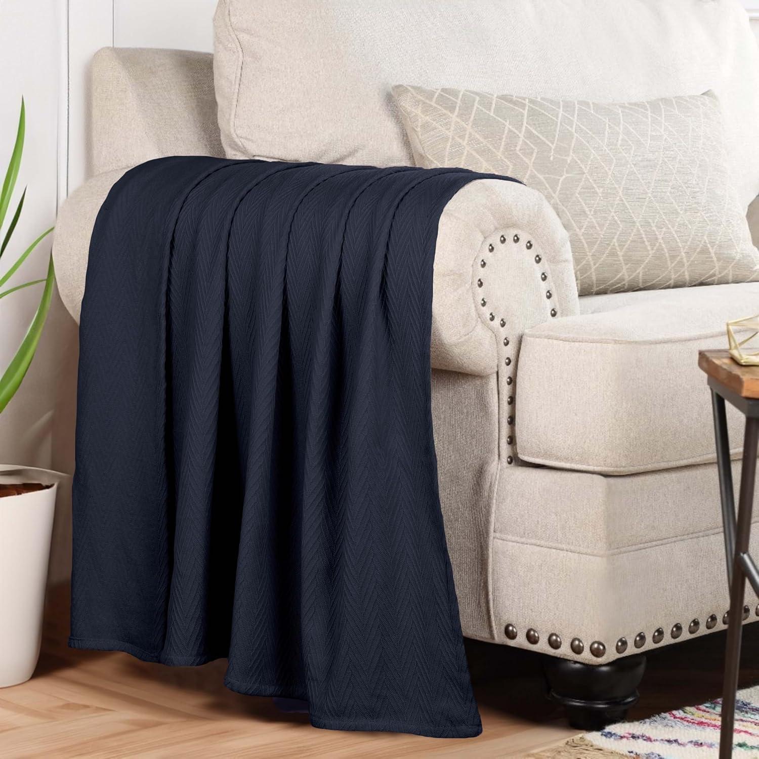 Chevron Zig-Zag Cotton Blanket, Full/Queen, Navy Blue - Blue Nile Mills