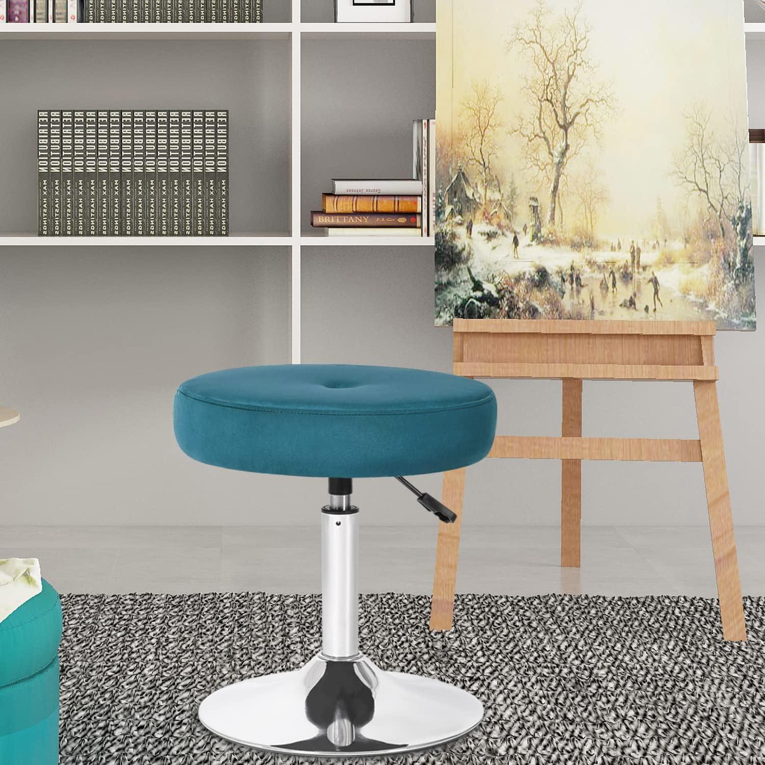 Adeco  Adjustable Velvet Round Ottoman Swivel Vanity Stool Makeup Chair Teal
