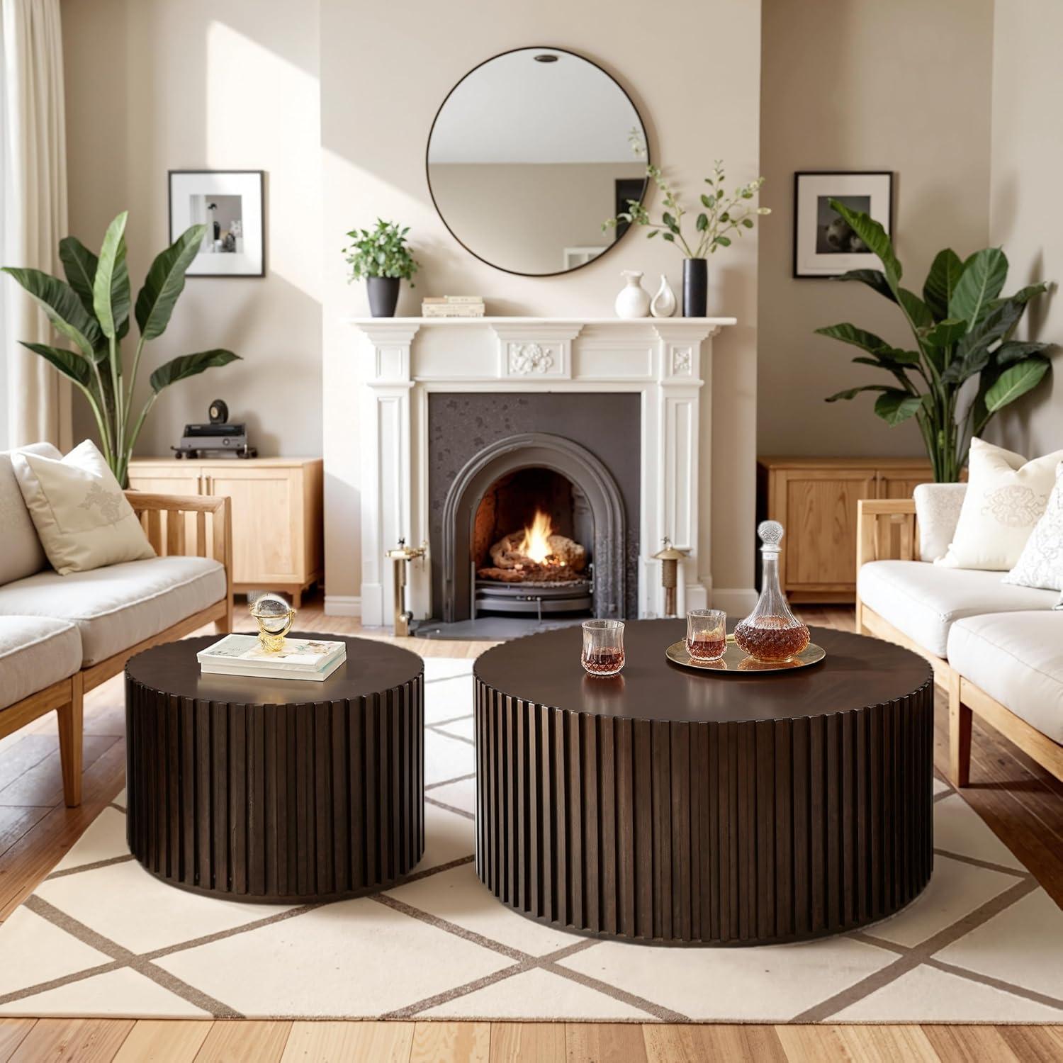 Handcraft Round Coffee Table Set of 2,Brown Nesting Side Table End Table,Modern Drum Side Table for Small Space,Living Room,Office,Bedroom-Cuddlewood