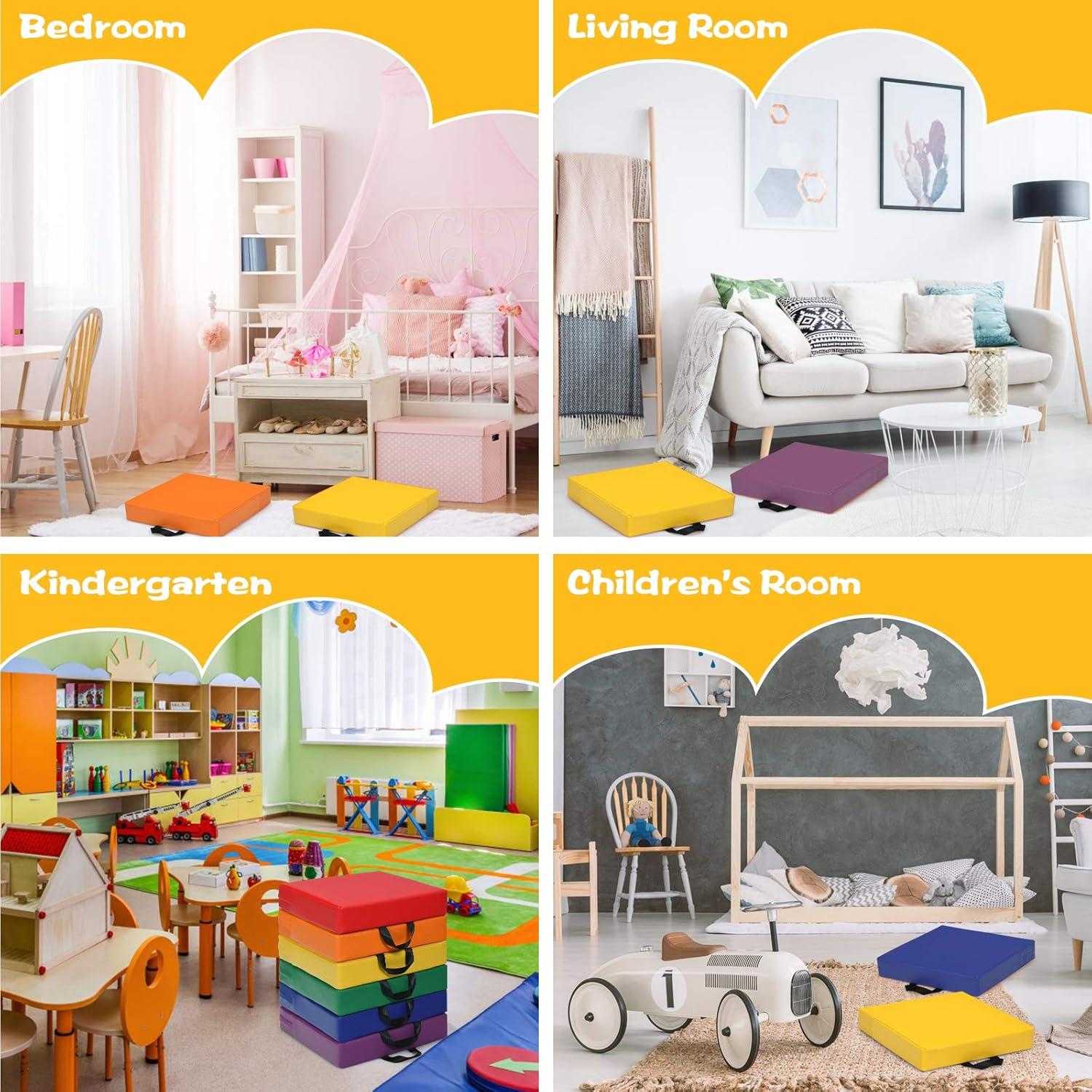 KOTEK 6 Pcs 15'' Kids Floor Cushions with Handles, 3'' Thick Foam Circle Floor Seats, Soft Flexible Seating for Classroom Elementary, School, Daycare, Kindergarten, Preschool, Playroom(Square, Red)