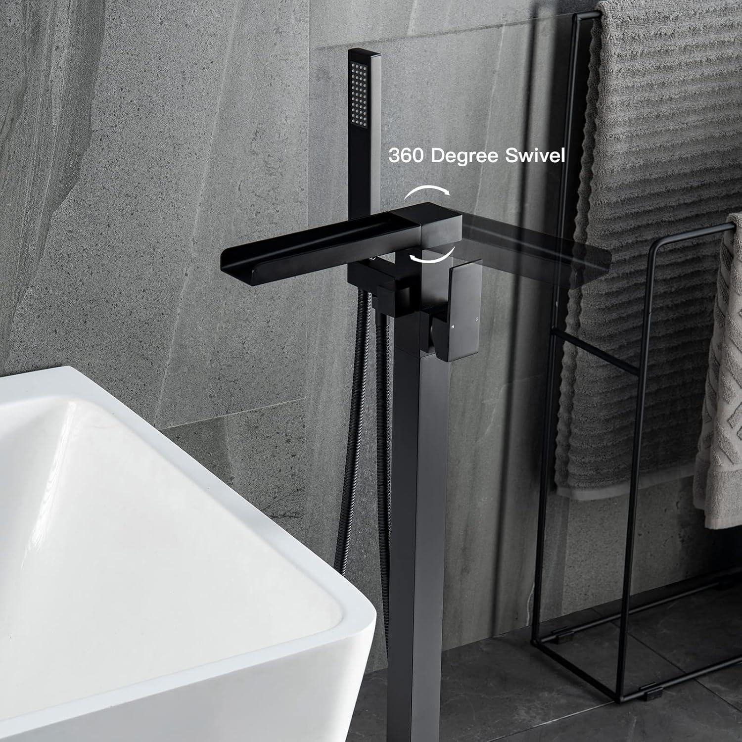 Freestanding Bathtub Faucet Matte Black Waterfall Bathtub Faucet Floor Mount Tub Filler Single Handle Bathtub Shower Faucets with Hand Shower Swivel Spout Brass Mixer Tap by BWE