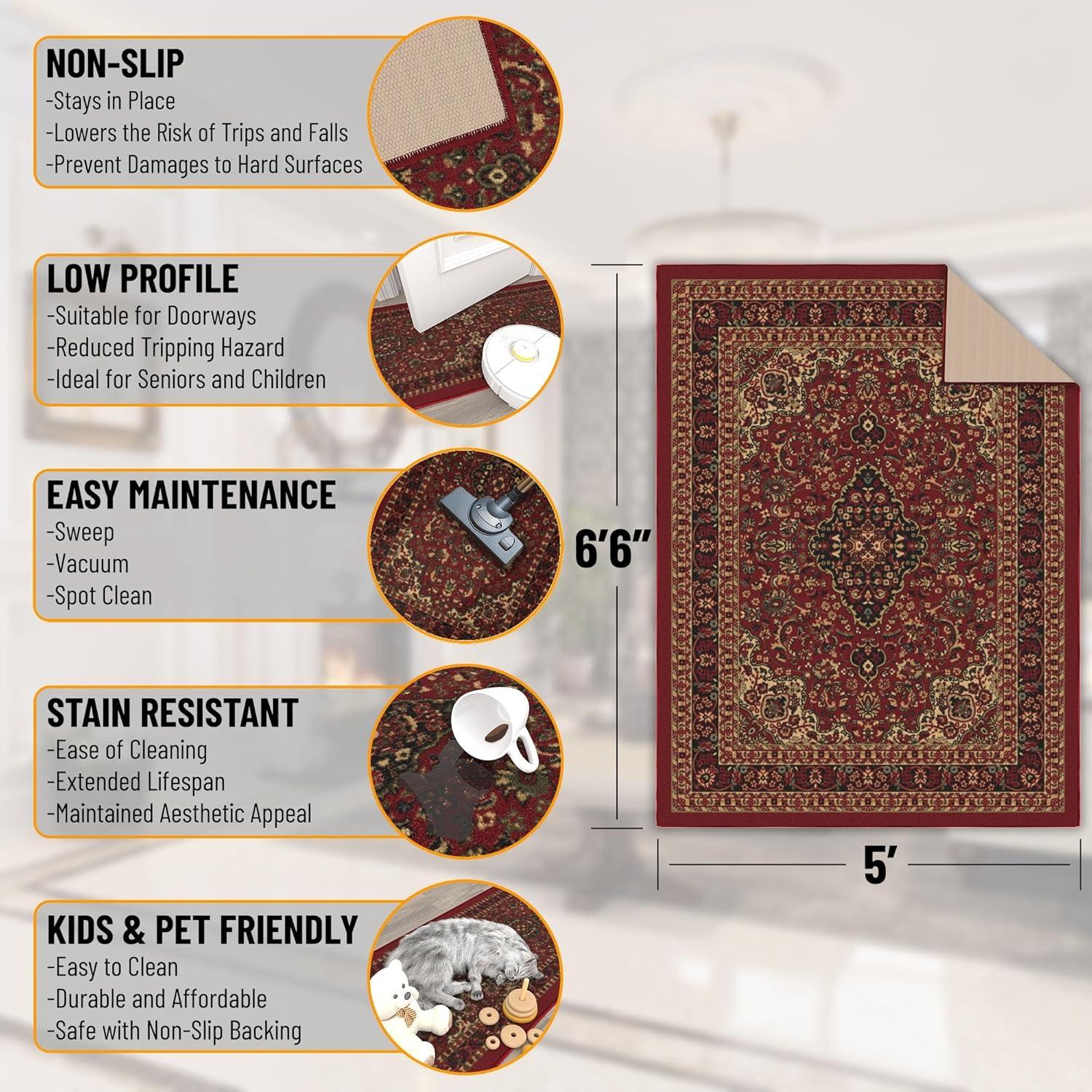 Ottohome Non-Slip Medallion Oriental Area Rug For Living Room, Hallway, Entryway Rug, Dark Red