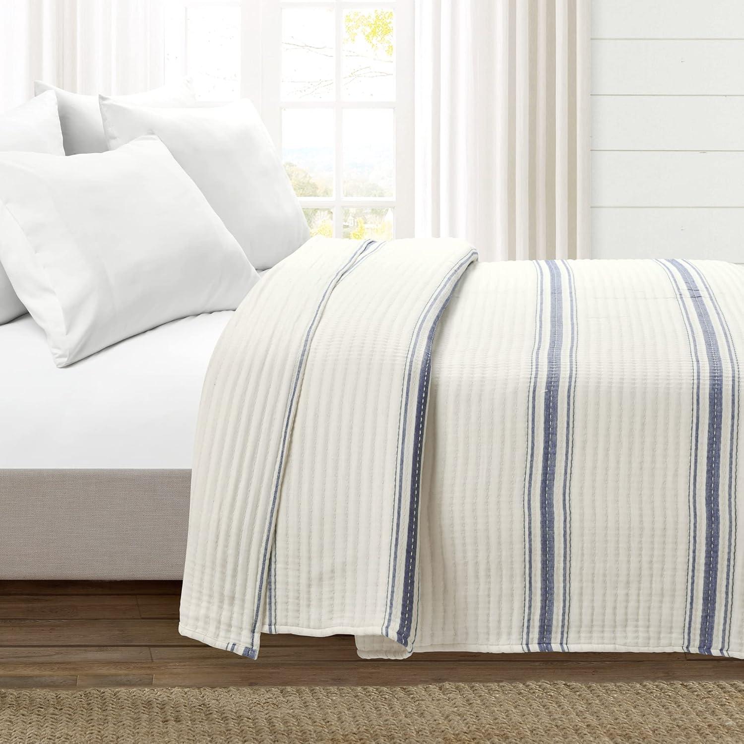 Lush Décor King Farmhouse Stripe Kantha Pick Sti Thread Counth Yarn Dyed Woven Single Quilt/Coverlet Navy: Reversible, OEKO-TEX Certified