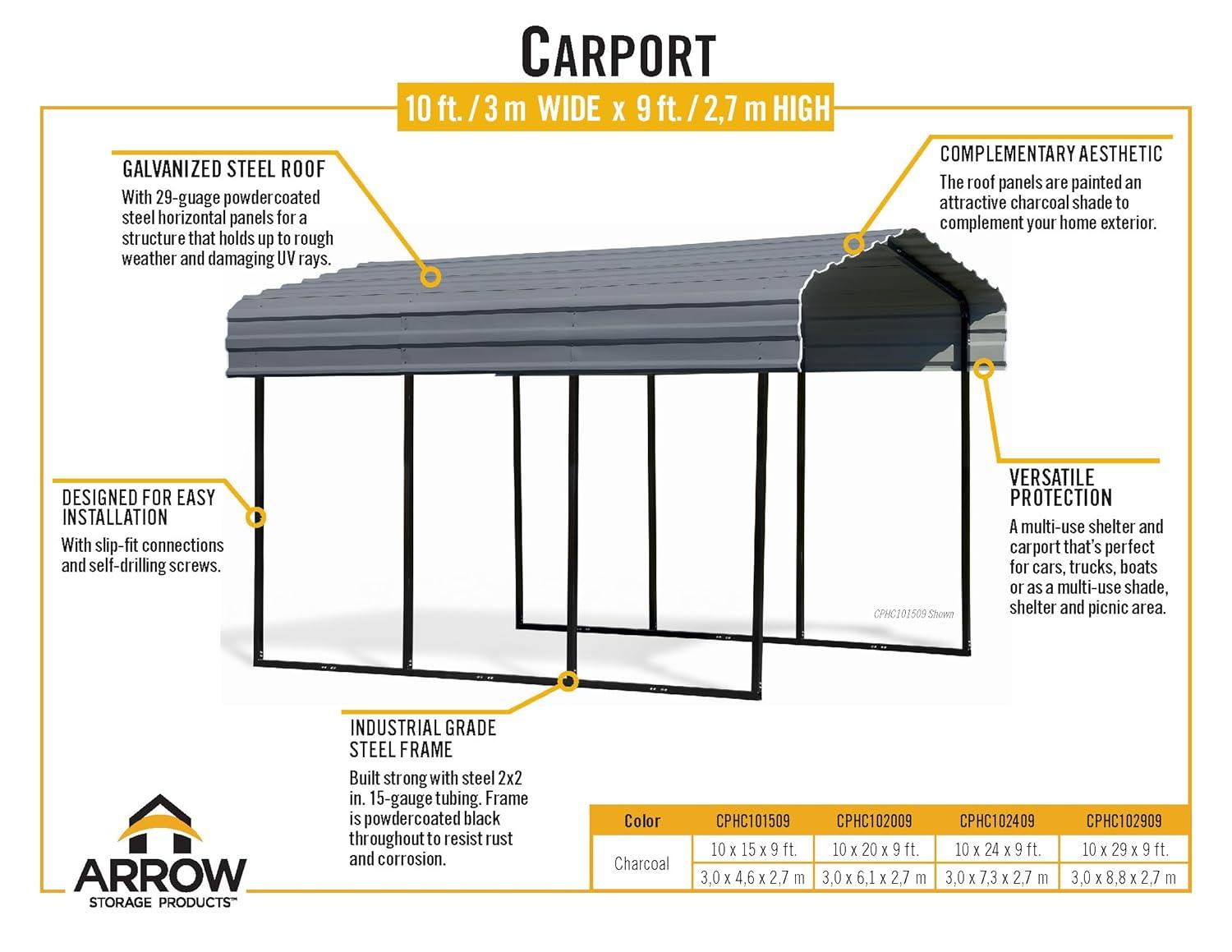Arrow Carport, 10 ft. x 15 ft. x 9 ft.
