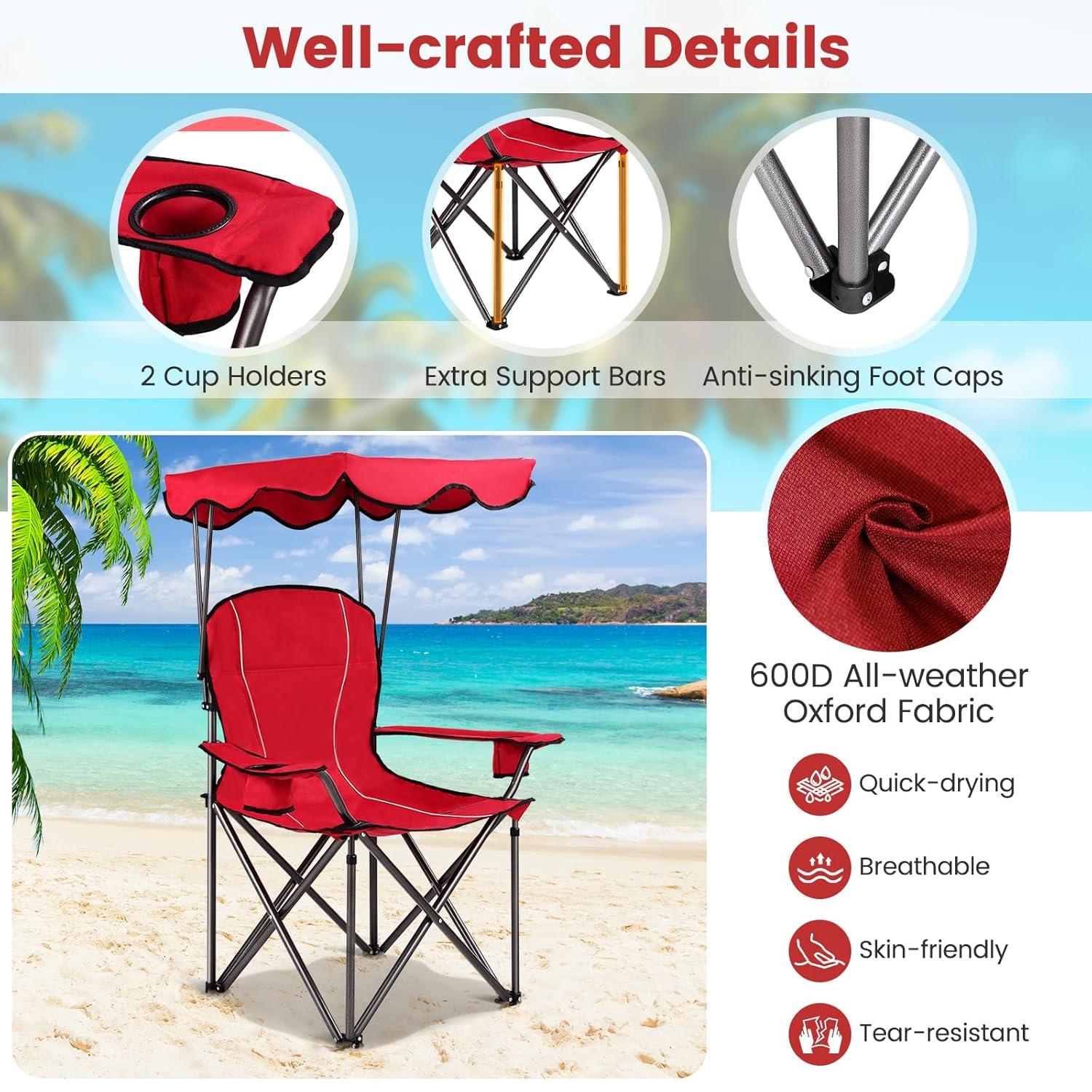 Arlmont & Co. Portable Folding Beach Canopy Chair With Cup Holders
