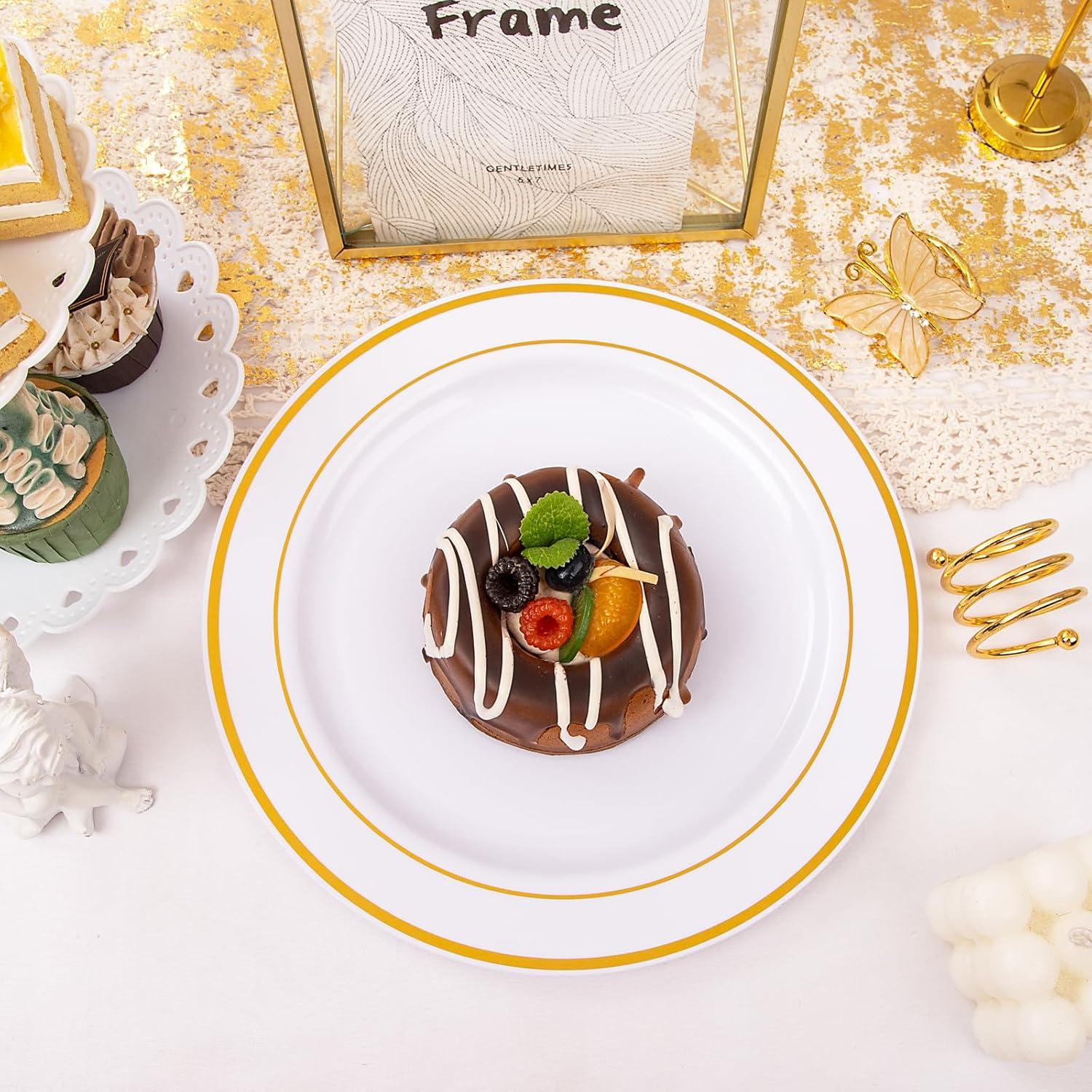 I00000 60pcs Plastic Gold Plates,10.25 inch Gold Rimmed Dinner Plates, White Disposable Plates, Parties or Wedding