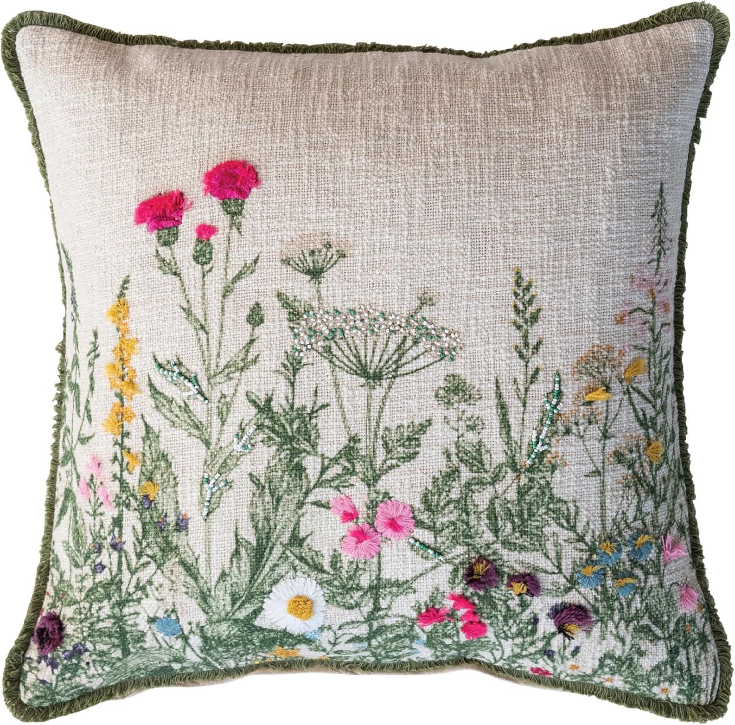 Multicolor Cotton Slub Embroidered Square Pillow