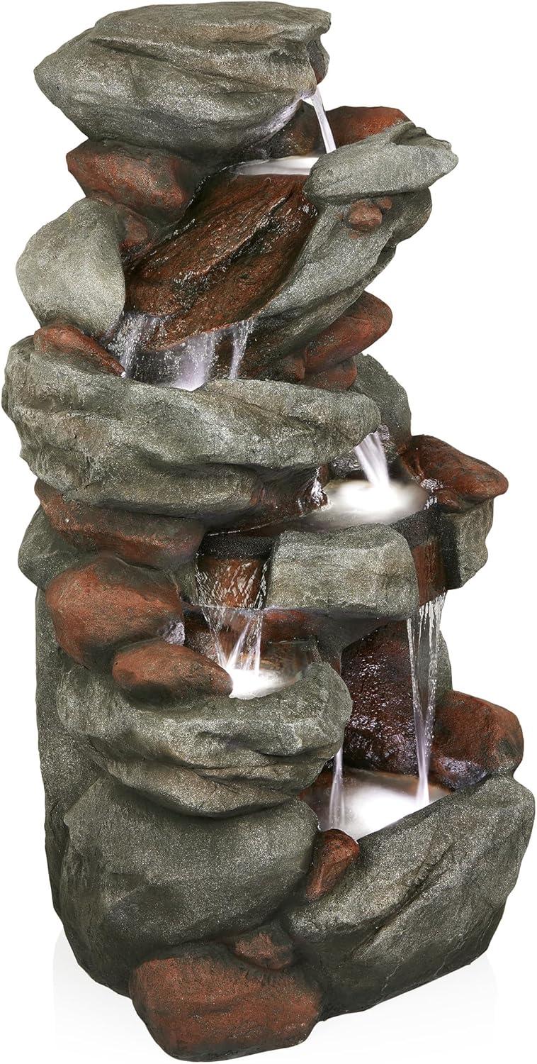 Gray Cascading Stone Outdoor Fountain with LED Lights, 53"