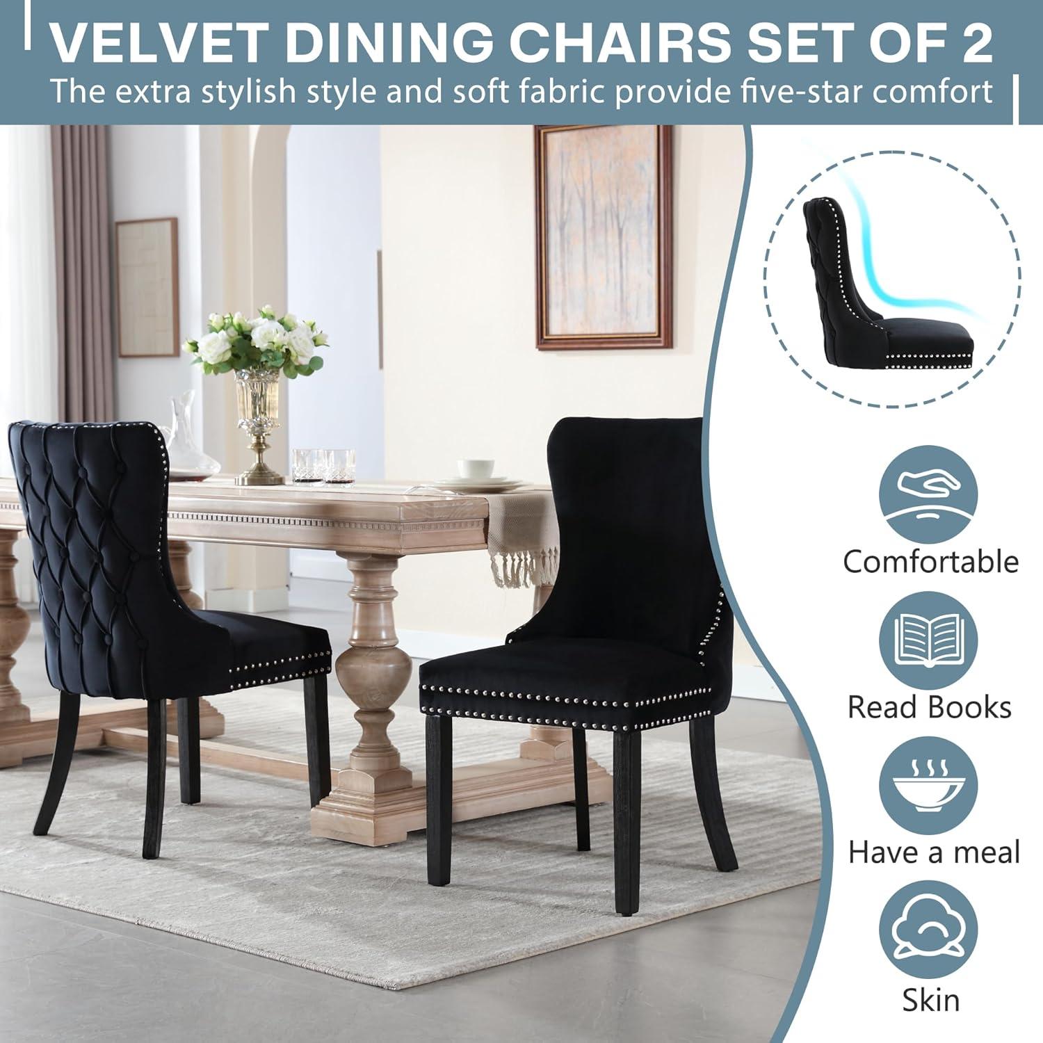 Black Velvet Upholstered Dining Chairs with Wood Legs